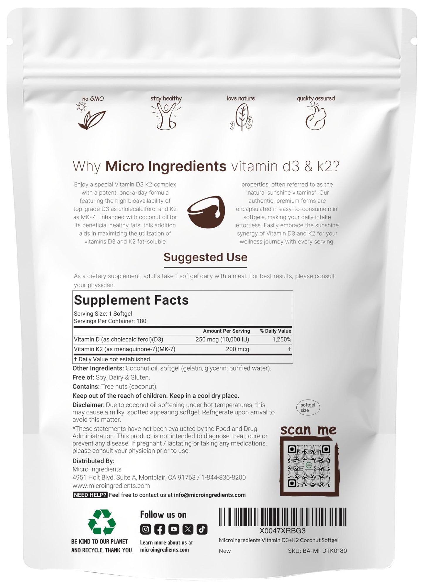 Micro Ingredients Vitamin D3 10,000 IU + K2 MK-7 200 mcg, 300 Softgels | Virgin Coconut Oil | 2-in-1 Bone, Immune & Heart Support | Easy to Swallow, Non-GMO