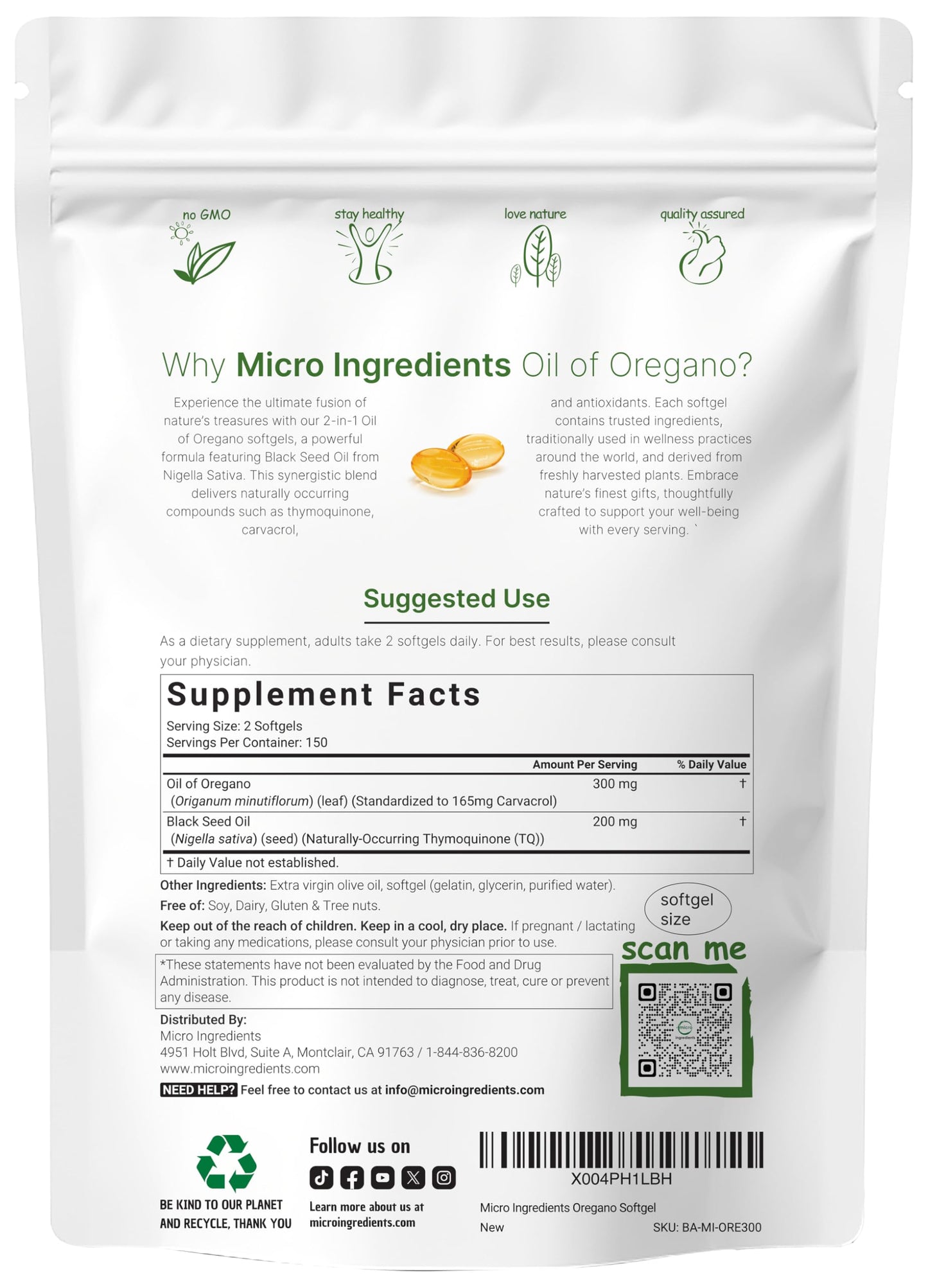 Micro Ingredients Oil of Oregano Softgels, 300 Count | 2 in 1 Formulated with Black Seed Oil, 4X Strength Carvacrol & Thymoquinone | Plant Based, Non-GMO, & Immune Support
