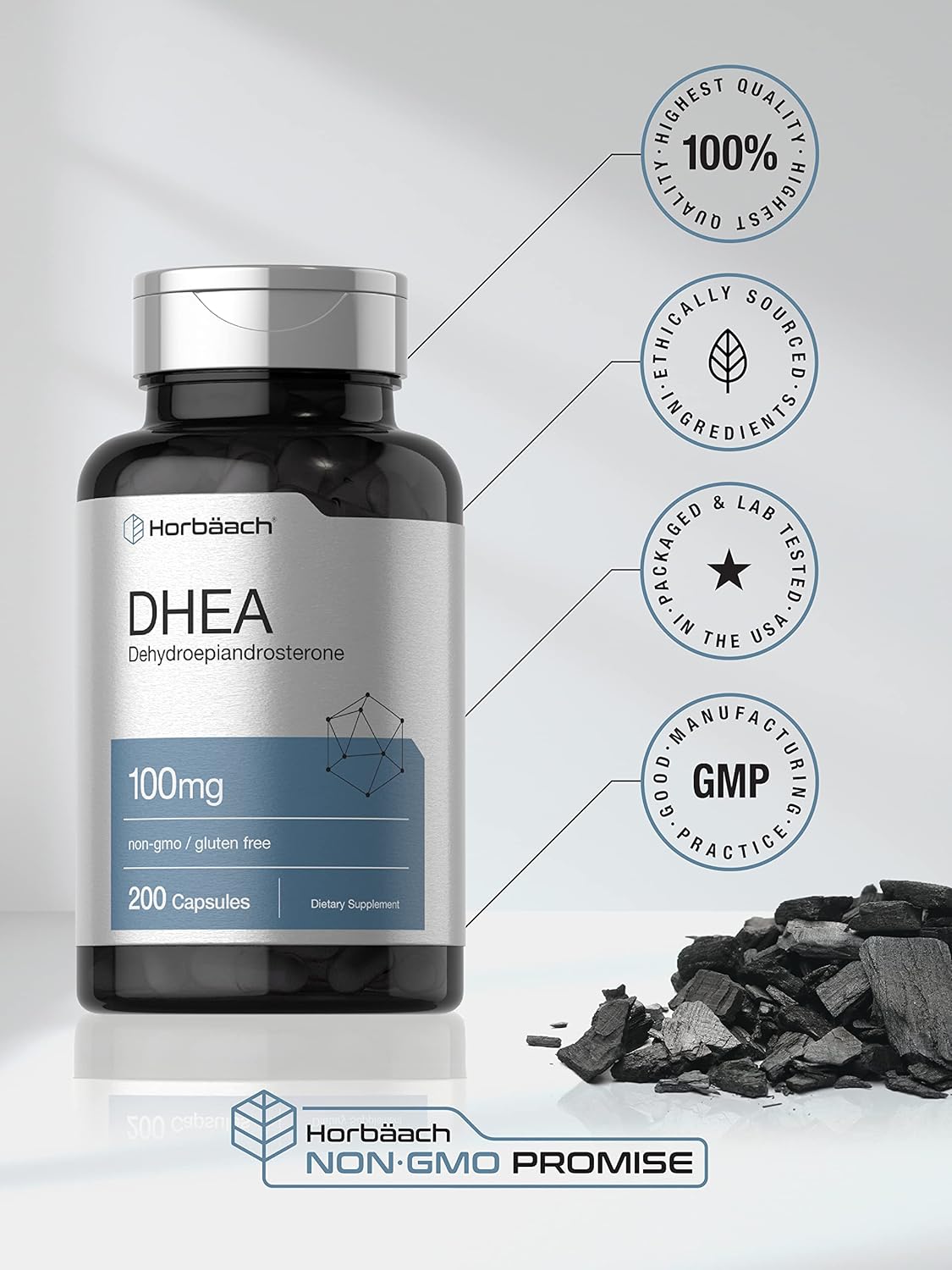 Horbäach DHEA 100mg | 200 Capsules | Supplement for Men and Women | Non-GMO, Gluten Free - Nirvana Guru