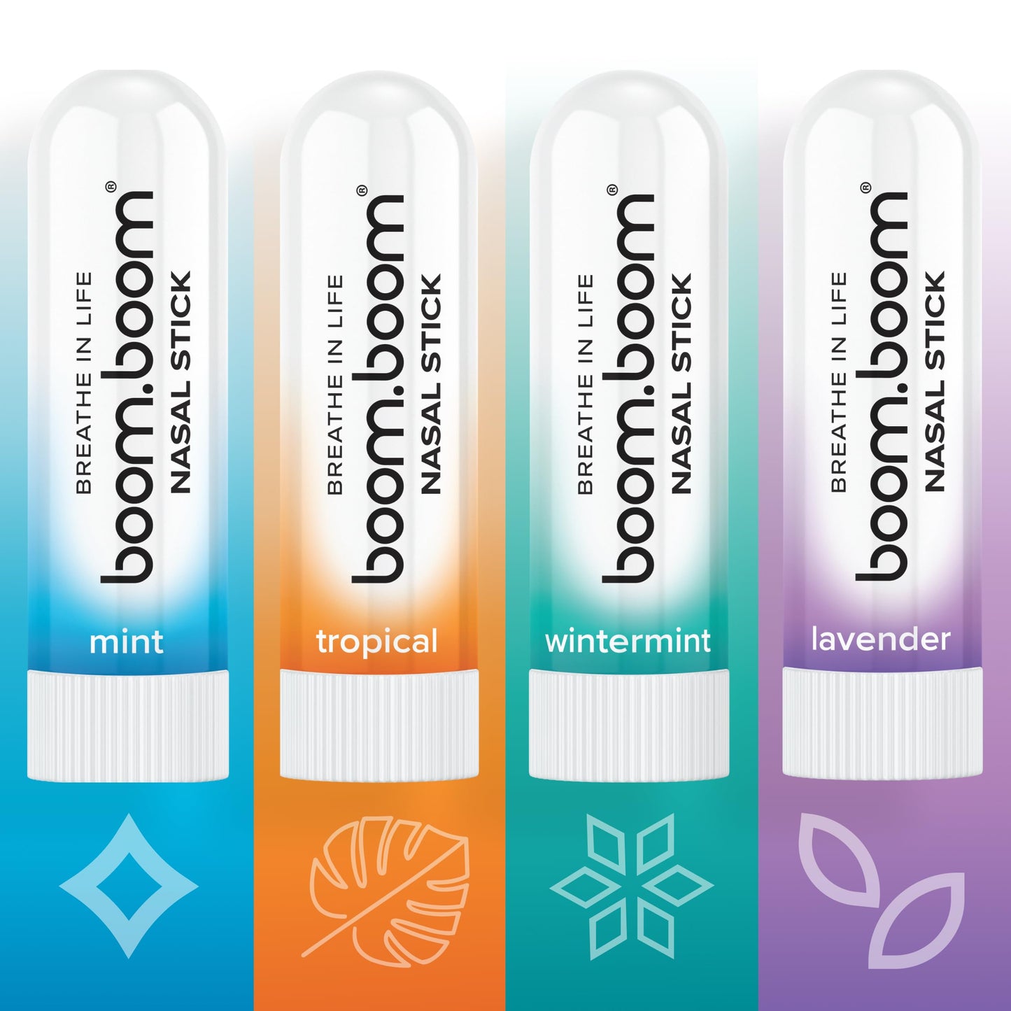 BoomBoom Nasal Stick | Vapor Flow Technology | Cool Refreshing Sensation | Natural Mood Boost | Simple Ingredients | Essential Oils + Menthol Inhaler (Mint, Wintermint, Tropical, Lavender) Nirvana Guru
