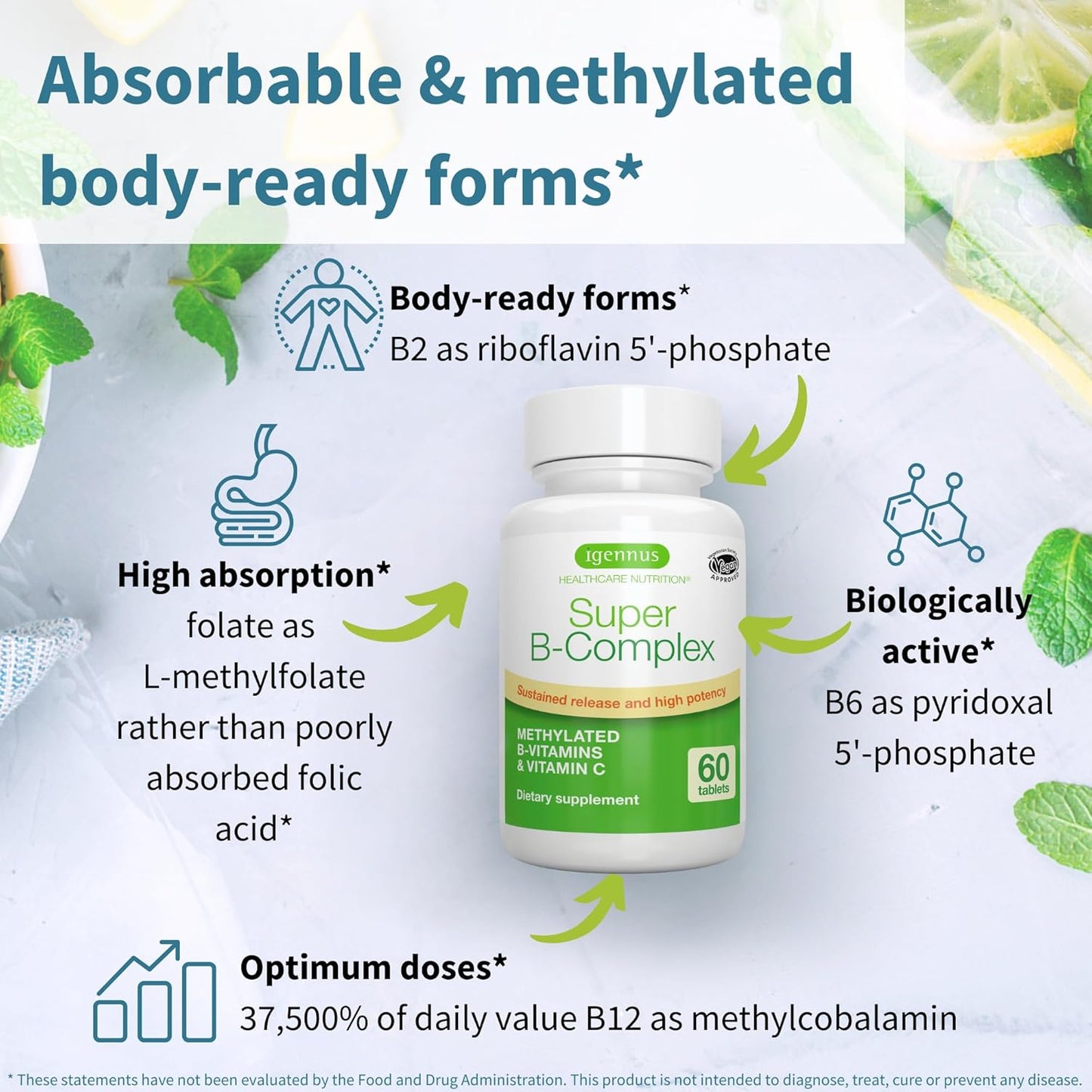 Igennus Super B-Complex Methylated B-Vitamins, MTHFR Supplement with Methylfolate & B12 Methylcobalamin, High Bioavailability & Potency, Vegan, Lab Verified, 180 Small Tablets Nirvana Guru