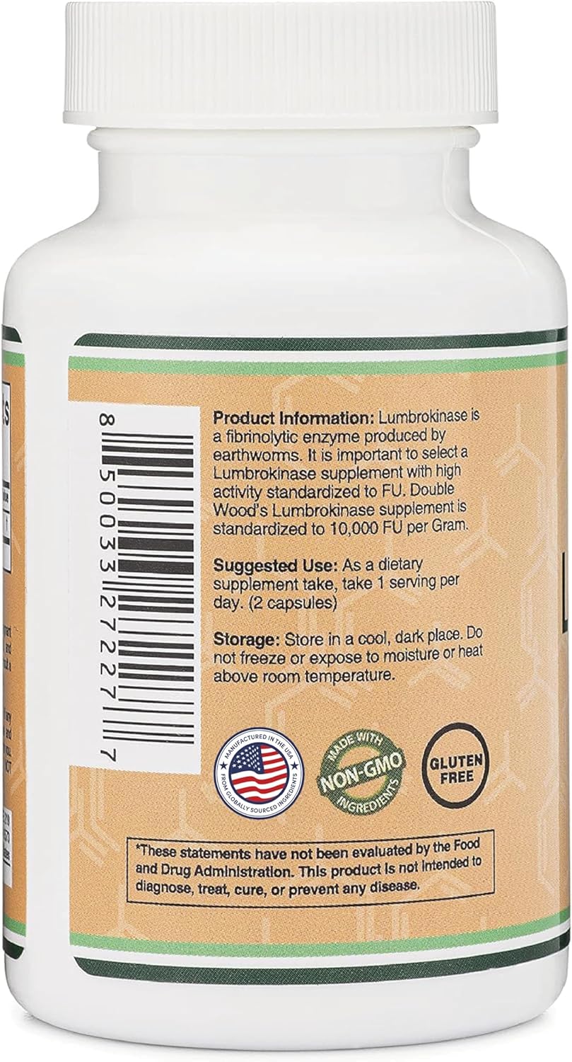 Lumbrokinase Enzymes Supplement - 120 Capsules (Max Activity 10,000 FU/Gram) 150mg per Serving (No Fillers, Non-GMO, Gluten Free) for Cardiovascular and Blood Circulation Support by Double Wood Nirvana Guru