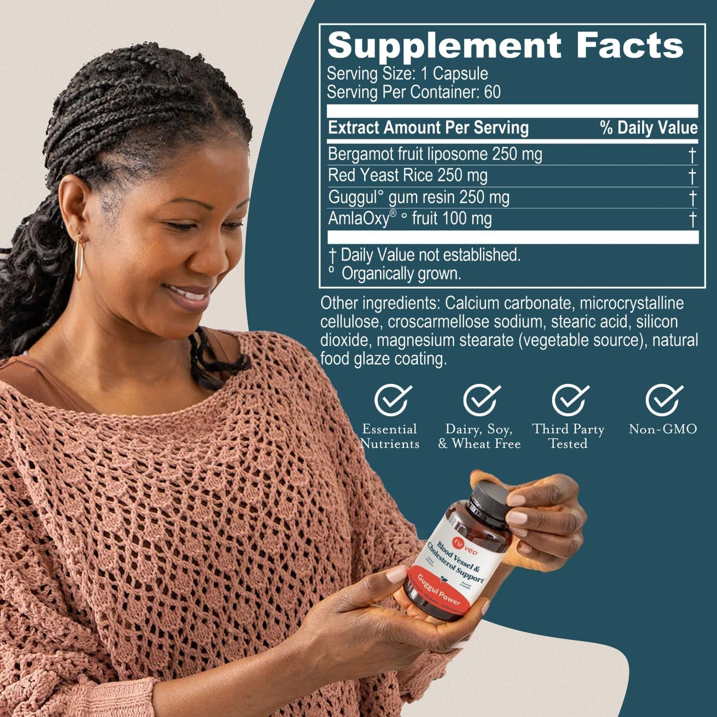 Ruved Guggul Power Herbal Supplement for Ayurvedic Cholesterol Support, Red Yeast Rice, Bergamot, Guggul, and Amla Supplement for Women and Men, 60 Vegetarian Capsules Nirvana Guru