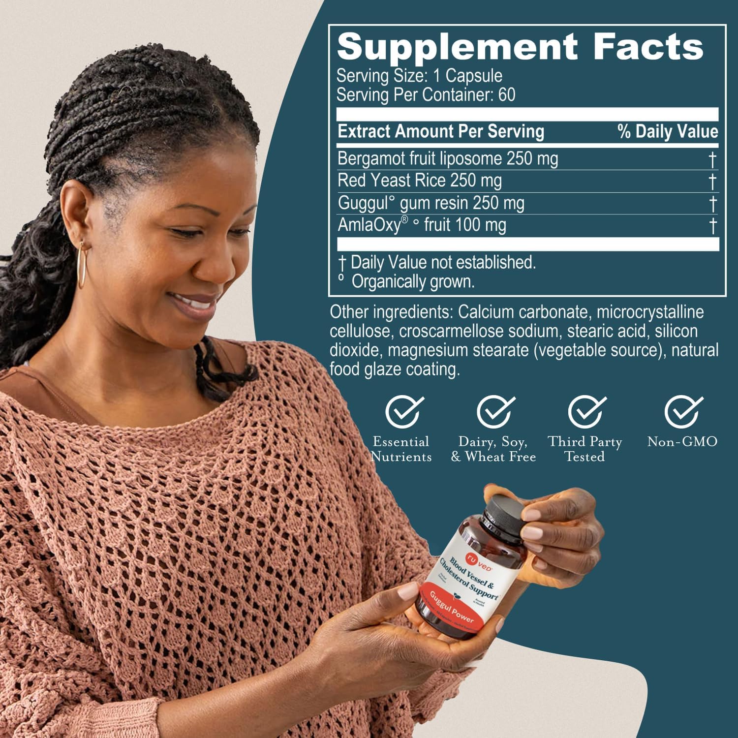 Ruved Guggul Power Herbal Supplement for Ayurvedic Cholesterol Support, Red Yeast Rice, Bergamot, Guggul, and Amla Supplement for Women and Men, 60 Vegetarian Capsules Nirvana Guru