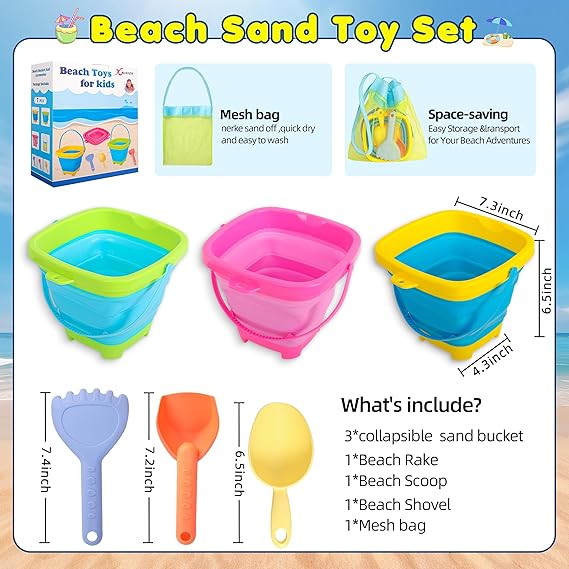 Collapsible Beach Sand Bucket 3 Packs Foldable Buckets Set with Shovels & Mesh Bag Collapsible Beach Toys for Kids Summer Sand Buckets for Kids Cruise Beach Essentials nirvanaguru