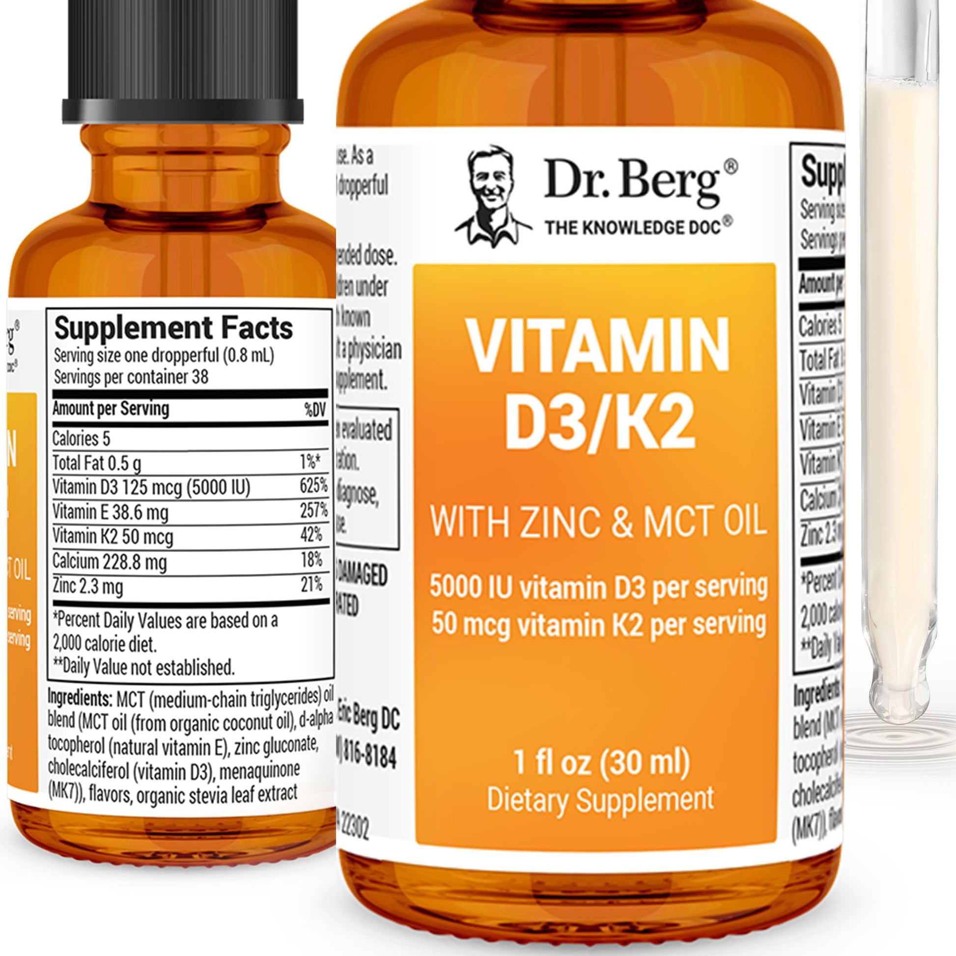Dr. Berg Liquid Vitamin D3 & K2 Supplement with Zinc - for Bone, Teeth, Mood & Immune Health* - Vitamin D3 & K2 Drops for Adults - 1 fl oz - Nirvana Guru