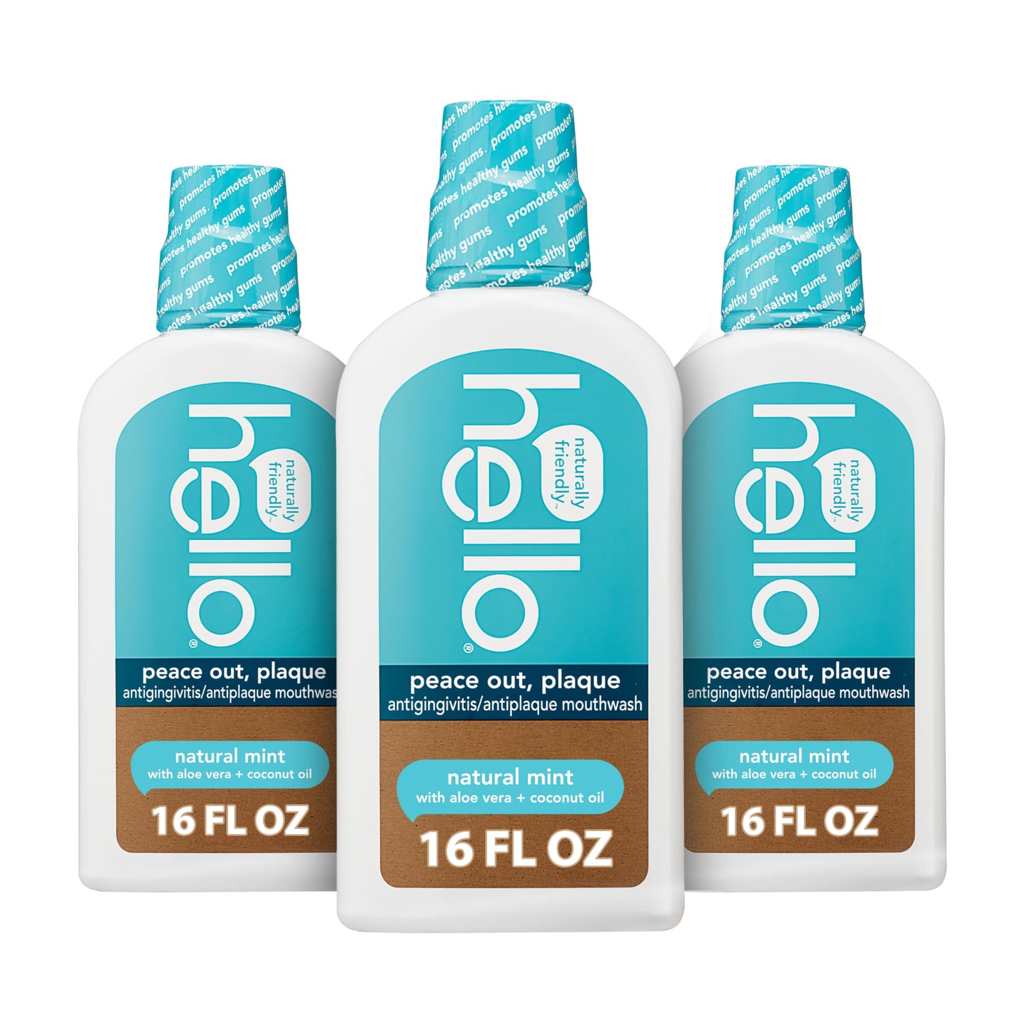 Hello Peace Out Plaque, Antigingivitis Alcohol Free Mouthwash, Natural Mint with Aloe Vera and Coconut Oil, Fluoride Free, Vegan, SLS Free and Gluten Free, 16 Ounce (Pack of 3) Nirvana Guru