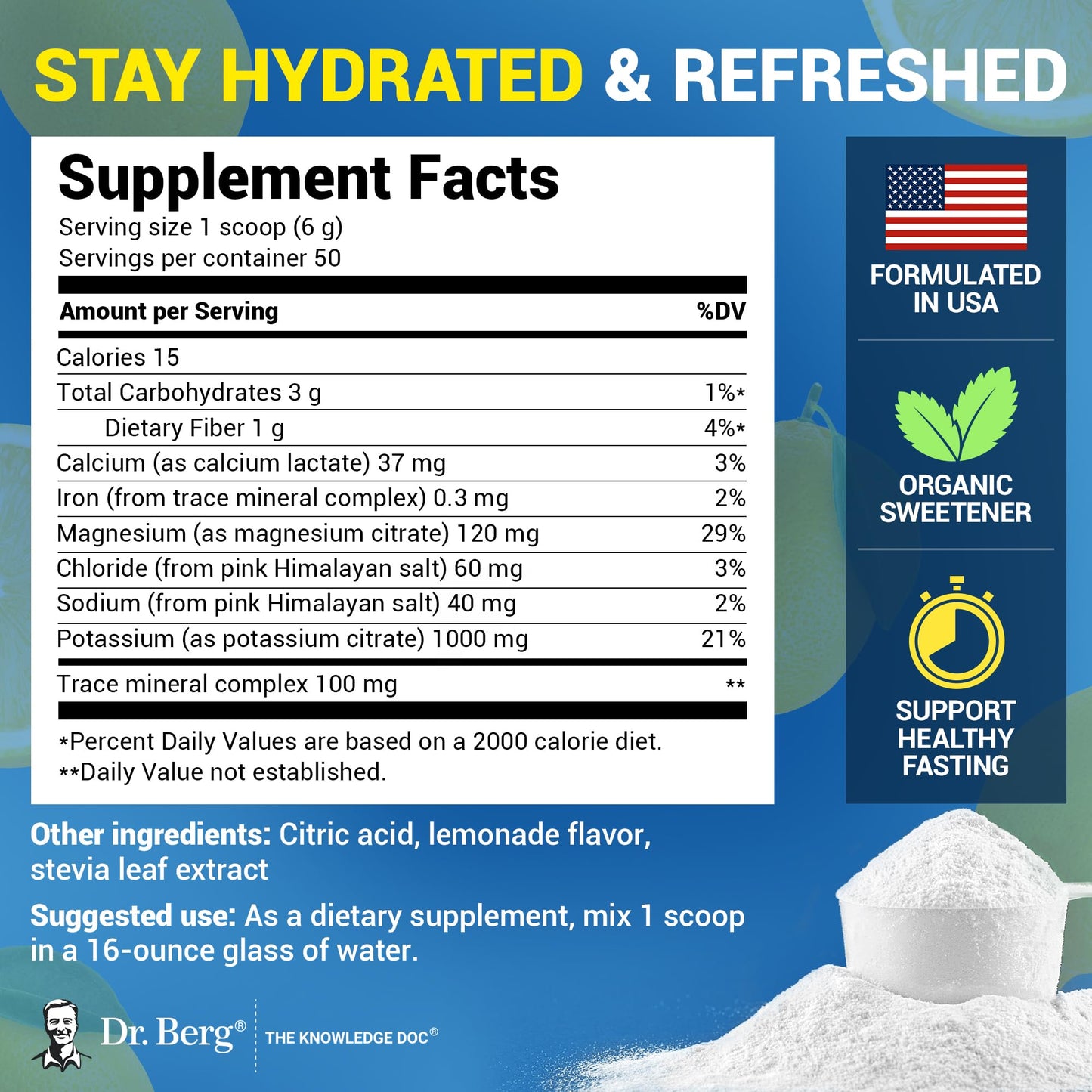 Dr. Berg Zero Sugar Hydration Keto Electrolyte Powder - Enhanced w/ 1000 mg of Potassium & Real Pink Himalayan Salt (NOT Table Salt) - Raspberry & Lemon Flavor Hydration Drink Supplement, 100 Servings