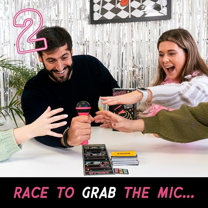 Lucky Egg Official Grab The Mic – Family Karaoke Board Game w/Foam Mic, 8+ Ages, 2-10 Players - Games for Bad Singers w/ 250 Lyrics (125 Cards) for Hilarious Game Nights & Birthday Party, Kids Gift Nirvana Guru