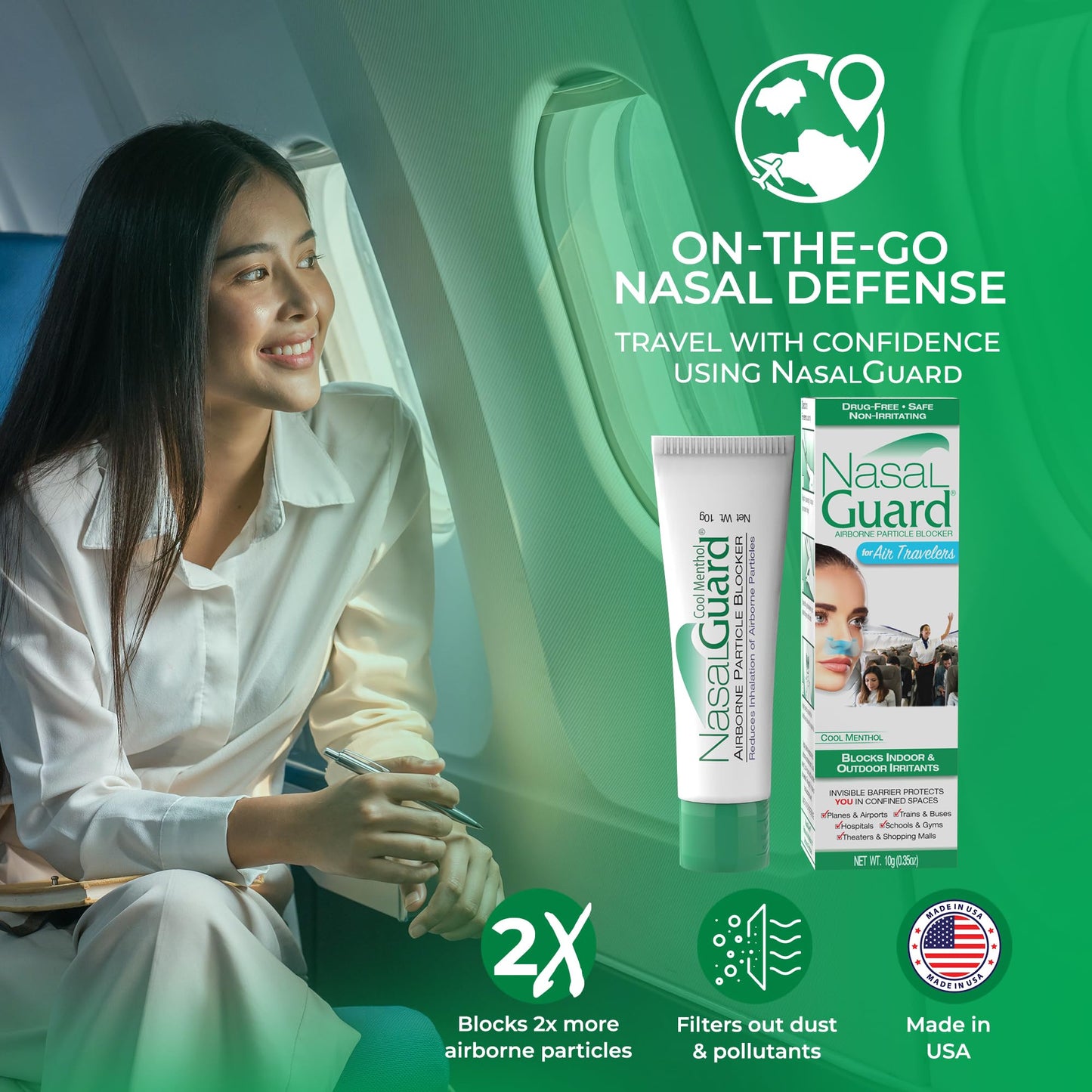 Airborne Particle Blocker Nasal Gel for Air Travelers - Drug-Free, Non-irritating, Non-drowsy, Airplane Travel Approved (Unscented) - Over 150 Applications Per Tube (0.1 oz, Pack of 1) Nirvana Guru