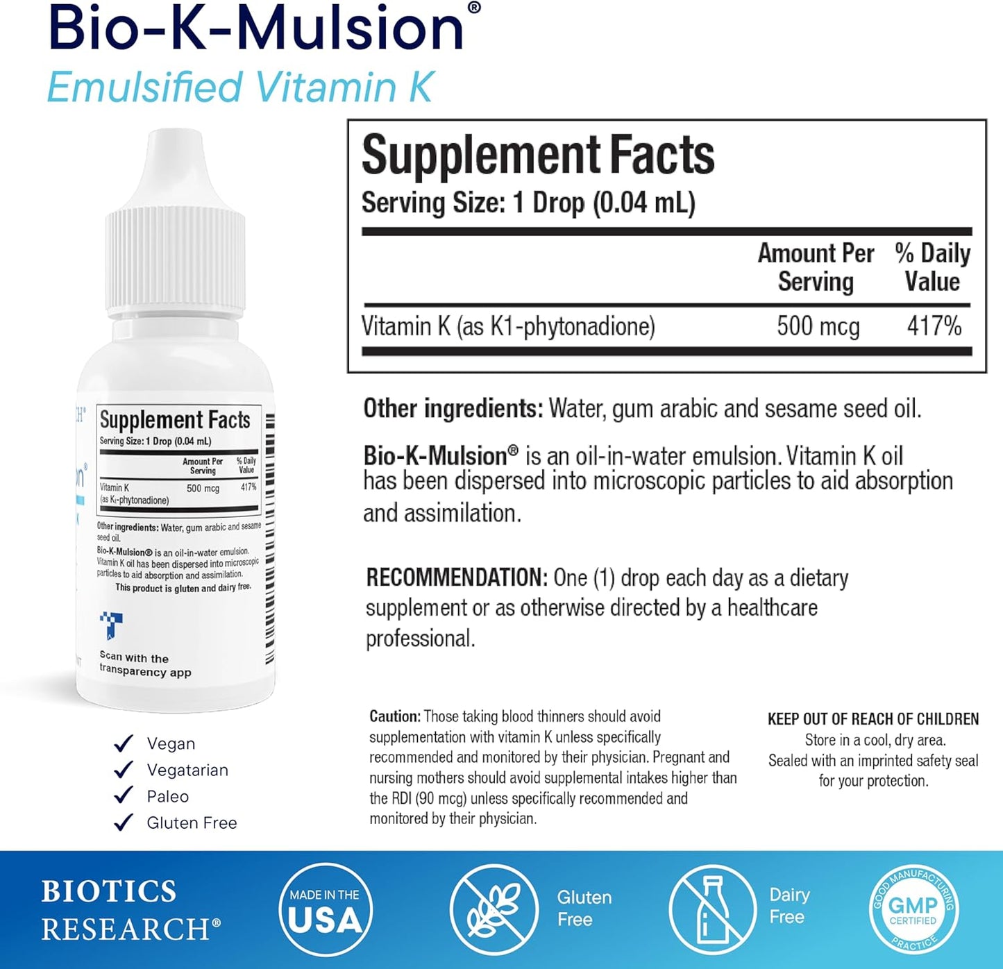 Biotics Research Bio K Mulsion Liquid Vitamin K Drops - 500 mcg/S - Vitamin K1 phytonadione for Adults - VIT K Supplement - Strong Bones, Heart Health, Blood Clotting Support, 1 fl oz Nirvana Guru