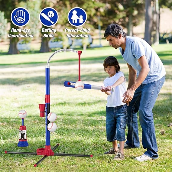 3-in-1 Baseball Set for Kids 3-5 - Tee Ball Stand, Hanging Tee, Ball Launcher and 6 Softballs - Adjustable Height, Indoor/Outdoor Sport Gifts for Boys Girls, Blue nirvanaguru