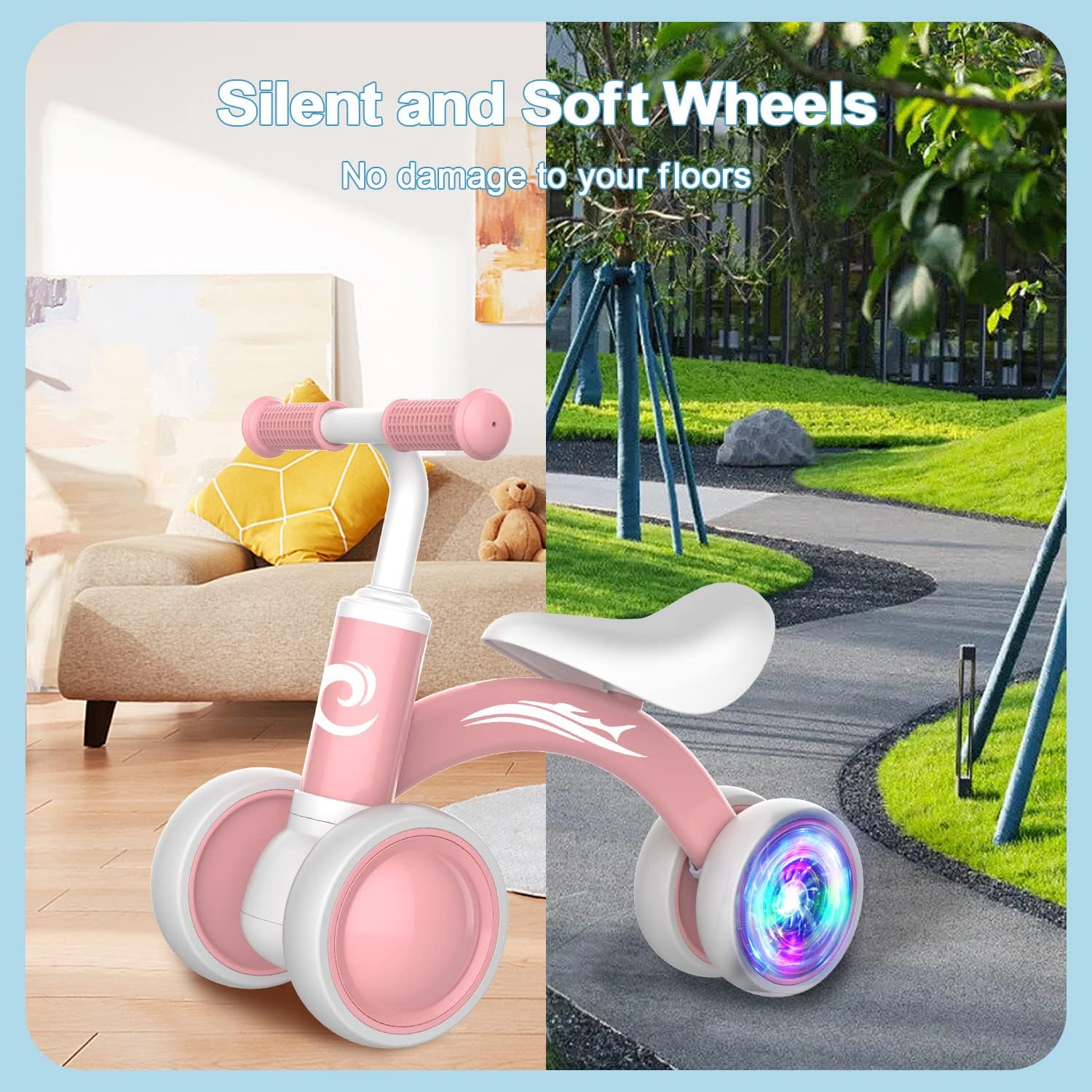 Colorful Lighting Baby Balance Bike Toys for 1 Year Old Girl Gifts, 10-36 Month Toddler Balance Bike, No Pedal 4 Silence Wheels & Soft Seat Pre-School First Riding on Toys, 1st Birthday Gifts. Nirvana Guru