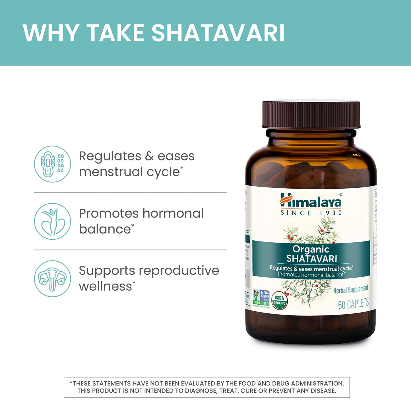 Himalaya Organic Shatavari for PMS, Menstrual Cramp Relief, Menopause Support, and Women's Health, 1,300 mg, 60 Caplets, 1 Month Supply - Nirvana Guru
