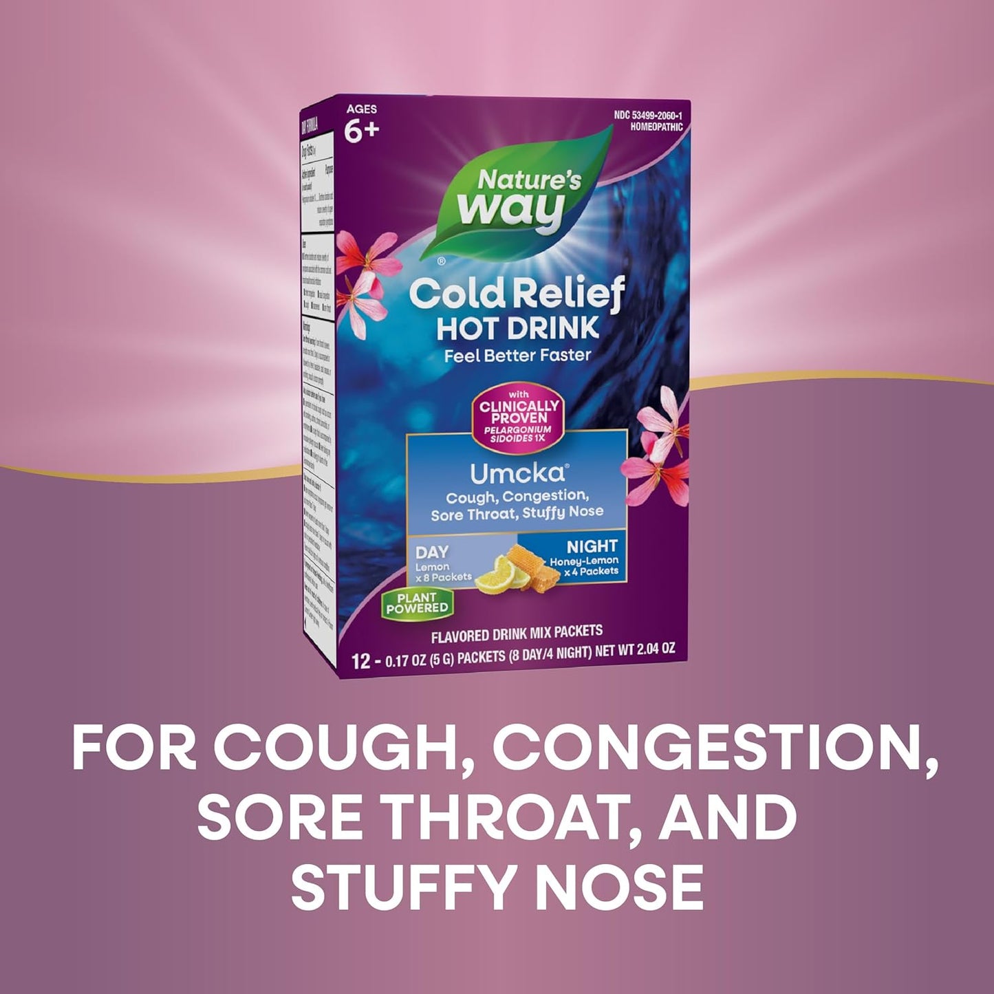 Nature's Way Cold Relief Hot Drink, Umcka, Homeopathic, Clinically Proven Pelargonium Sidoides 1X, for Cough, Congestion, Sore Throat, Stuffy Nose, Day & Night Formula, 12 Packets (Packaging May Vary) - Nirvana Guru