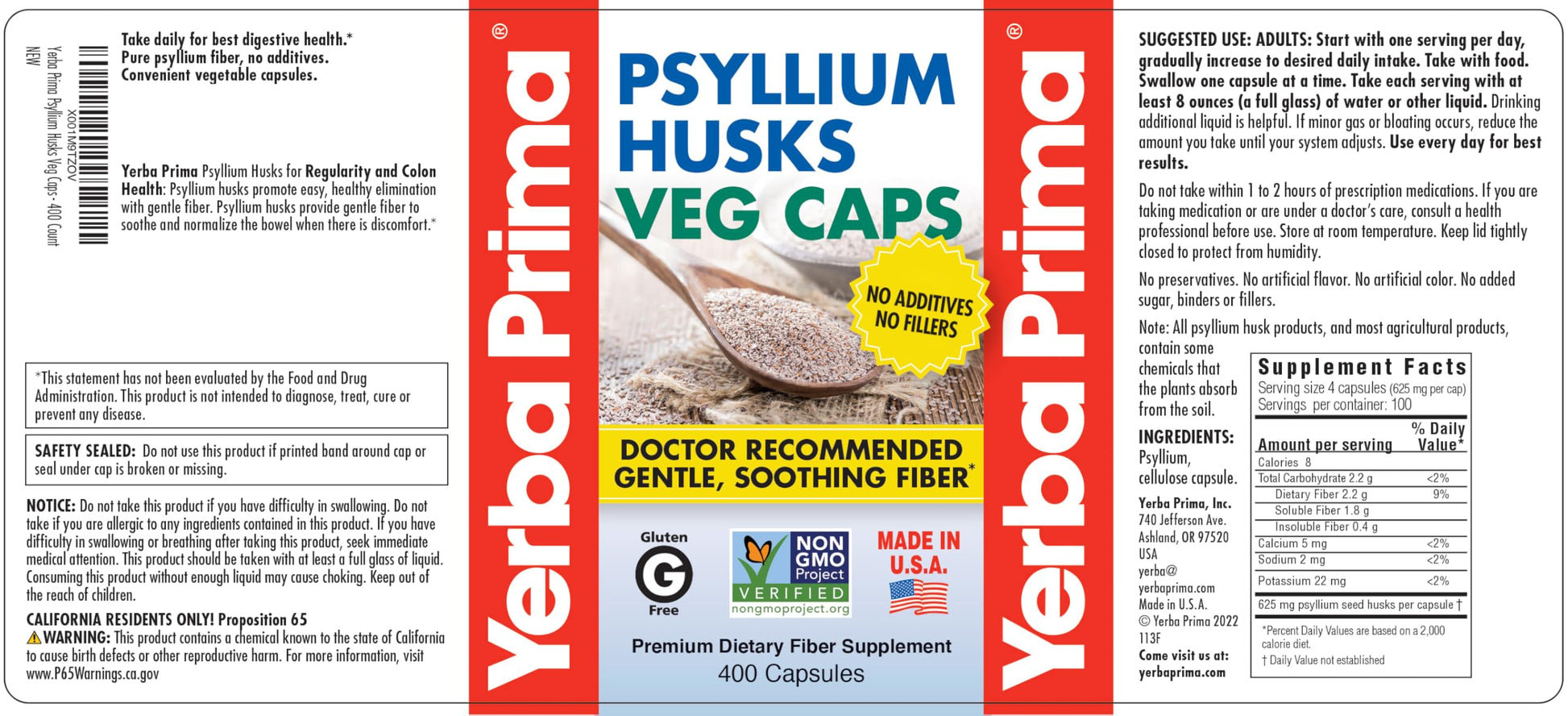 Yerba Prima Psyllium Husks Veg Caps, 400 Capsules (625mg) - Vegan, Non-GMO, Gluten Free, Colon Cleanser, Daily Fiber Supplement for Gut Health & Regularity - Nirvana Guru