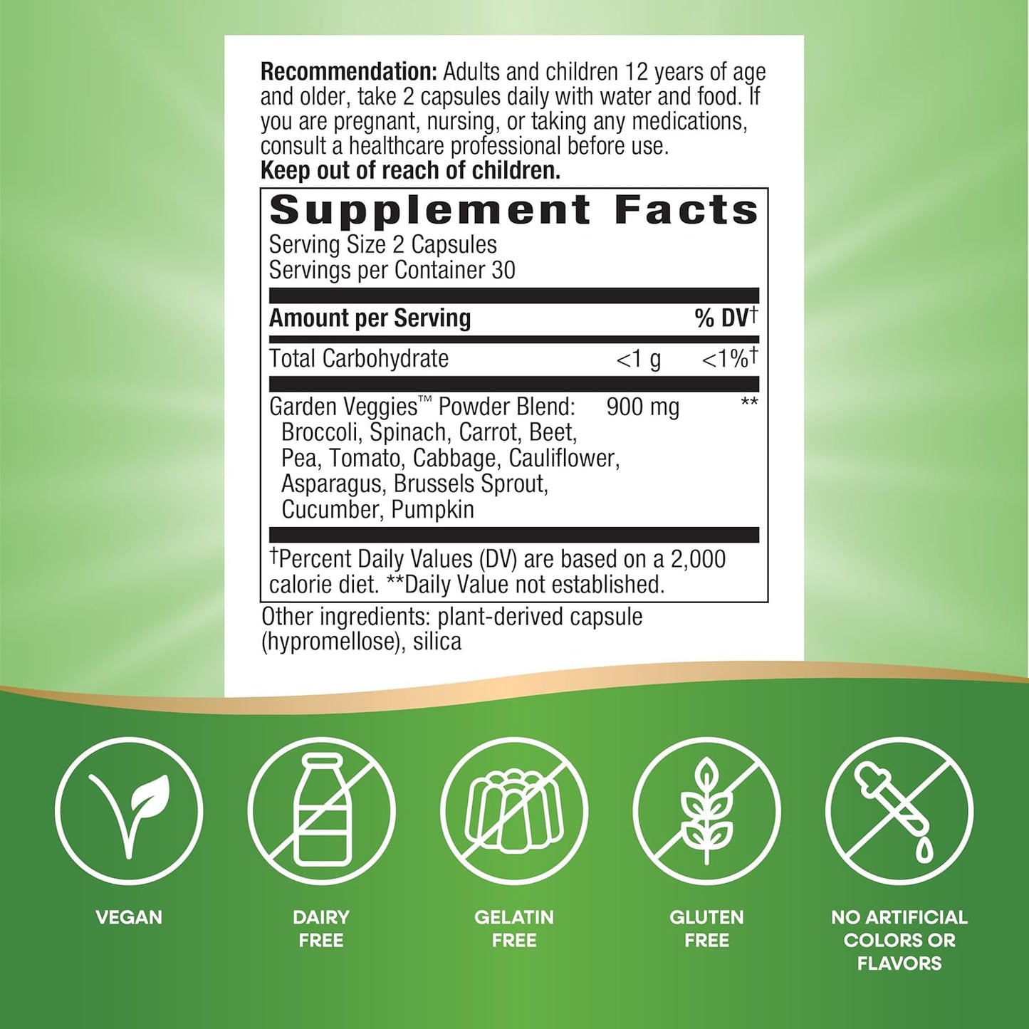 Nature's Way Garden Veggies, Veggie Powder Blend, 900 mg per 2-Capsule Serving, 60 Vegan Capsules (Packaging May Vary) - Nirvana Guru
