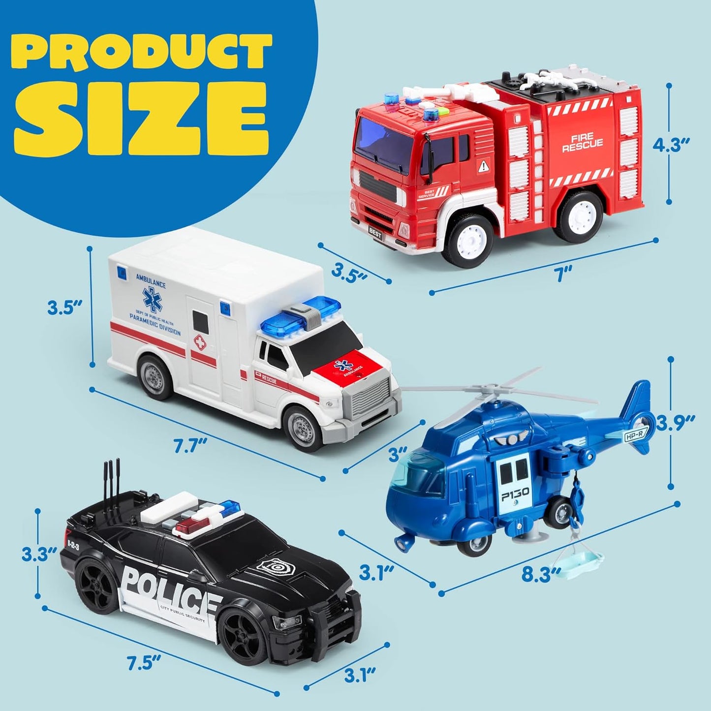 JOYIN 4 Packs Emergency Vehicle Toy Playsets, Friction Powered Vehicles with Light and Sound, Including Fire Truck, Ambulance, Play Police Car and Helicopter, Christmas Toddler Kids Boys Gifts Nirvana Guru
