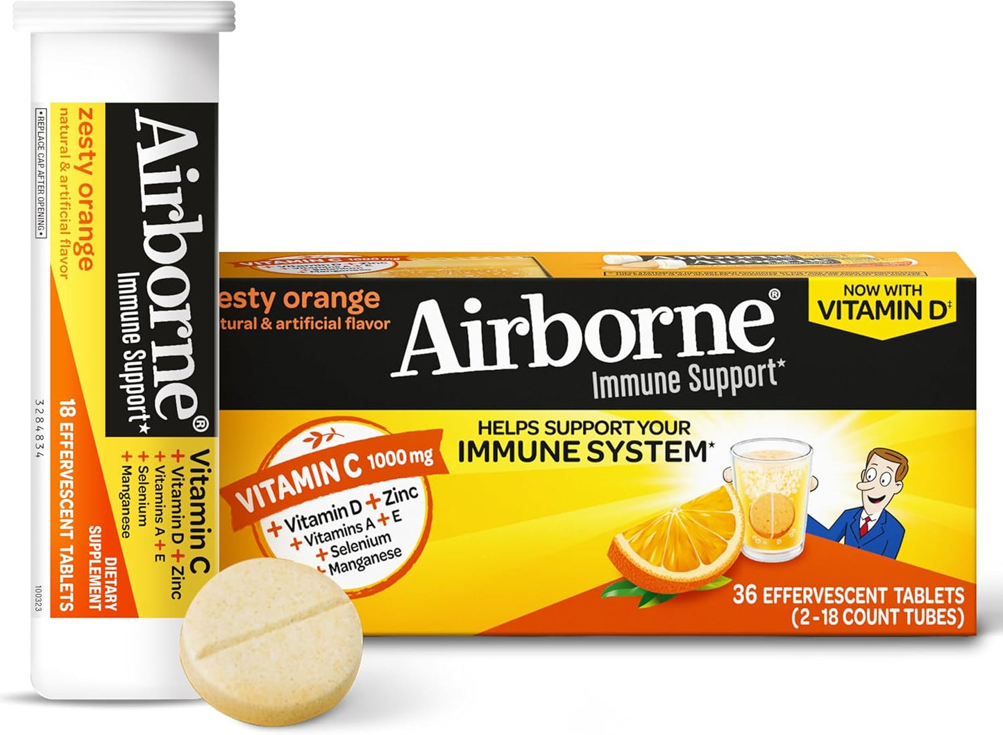 Airborne 1000mg Vitamin C + Zinc Sugar Free Multivitamin Immune Support Effervescent Fizzy Drink Tablets, Zesty Orange Flavor with Powerful Antioxidants Vitamins A C & E, 30 Tablets (3 Pack) Nirvana Guru