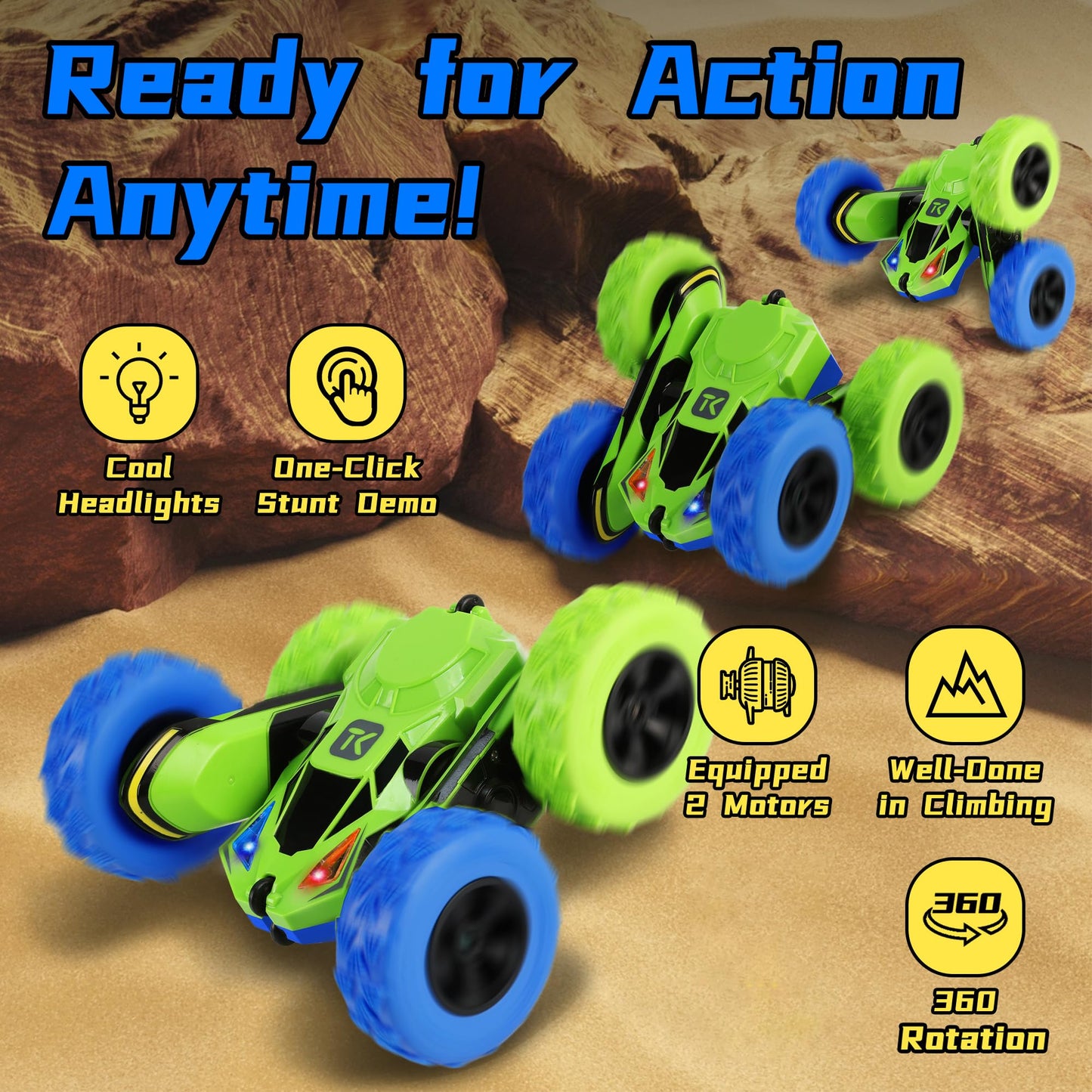 Threeking RC Stunt Cars Remote Control Car Double-Sided Driving 360-degree Flips Rotating Car Toy, Green Nirvana Guru