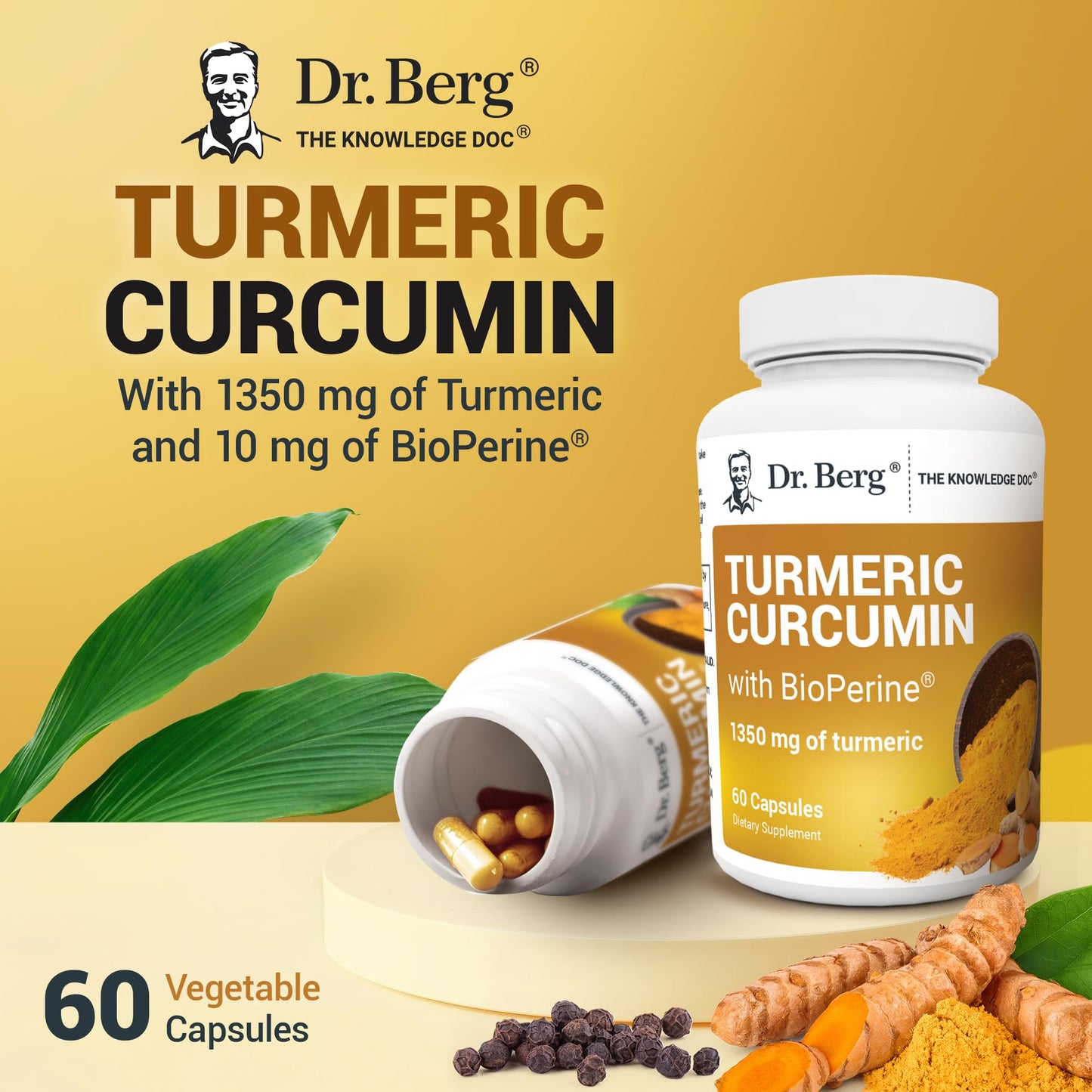 Dr. Berg (Only 2 Per Day) Turmeric Supplement with Black Pepper (BioPerine) - 1350 mg Turmeric Curcumin Supplement with 95% Curcuminoids ā Turmeric Curcumin with Black Pepper ā 60 Turmeric Capsules - Nirvana Guru