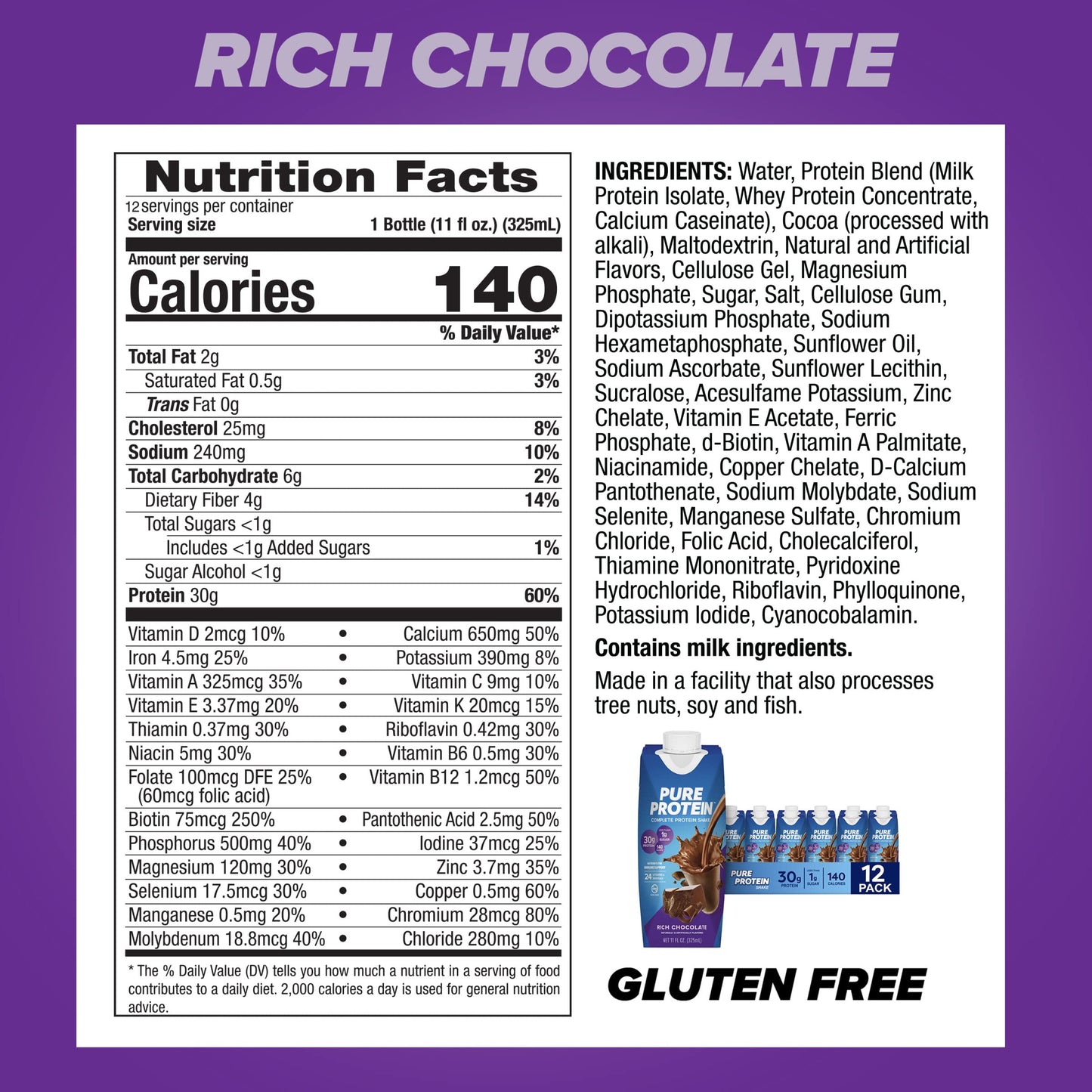 Pure Protein Vanilla Protein Shake, 30g Complete Protein, Vitamins A, C, D, and E plus Zinc to Support Immune Health, Ready to Drink and Keto-Friendly, 11oz Bottles, 12 Pack Nirvana Guru