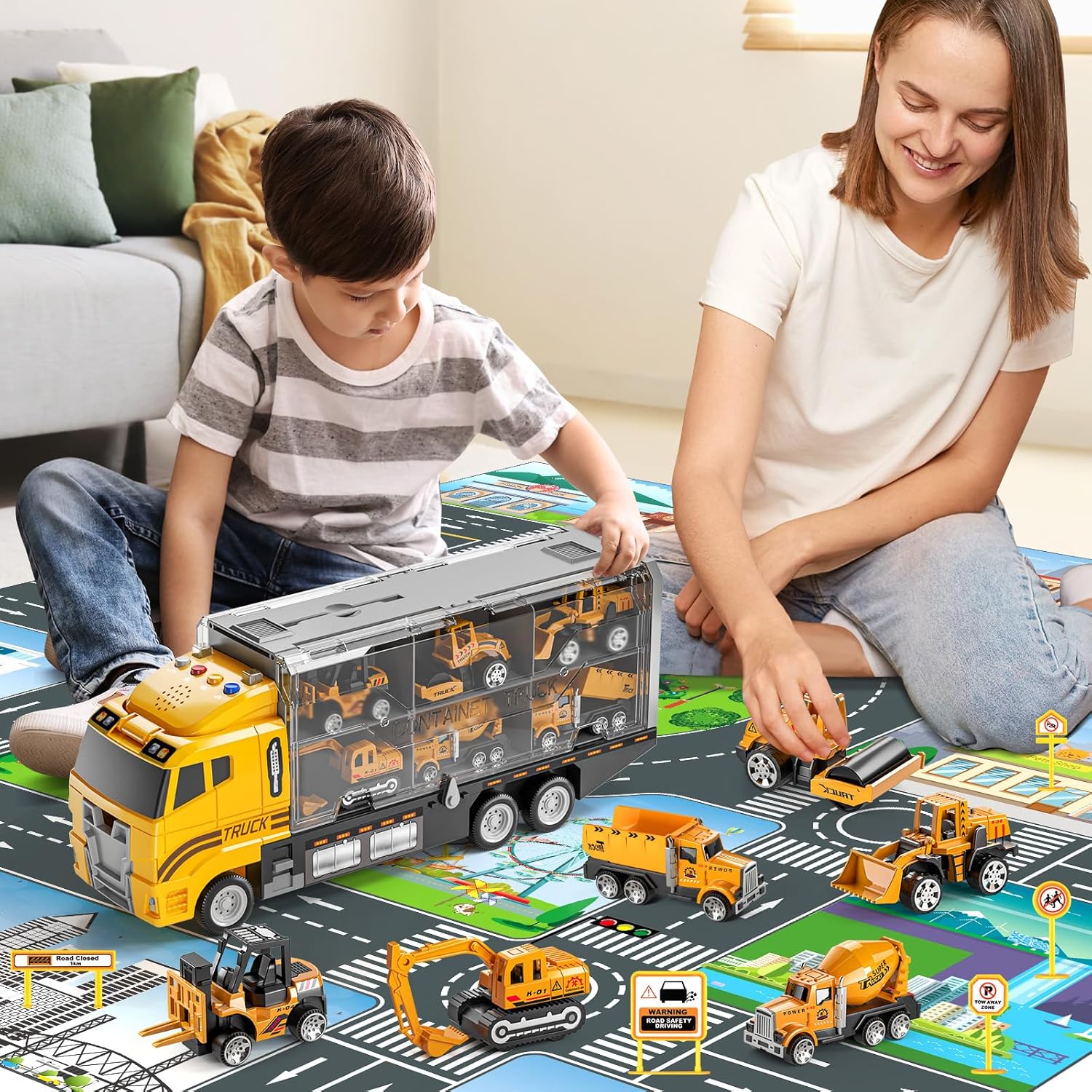 Toddler Boys Construction Truck Vehicle Toy Set with Play Mat and Die-Cast Toy Car, Transport Carrier Truck for Kids 3-5, Birthday Gifts Toys for 3-8 Year Old Boys Nirvana Guru