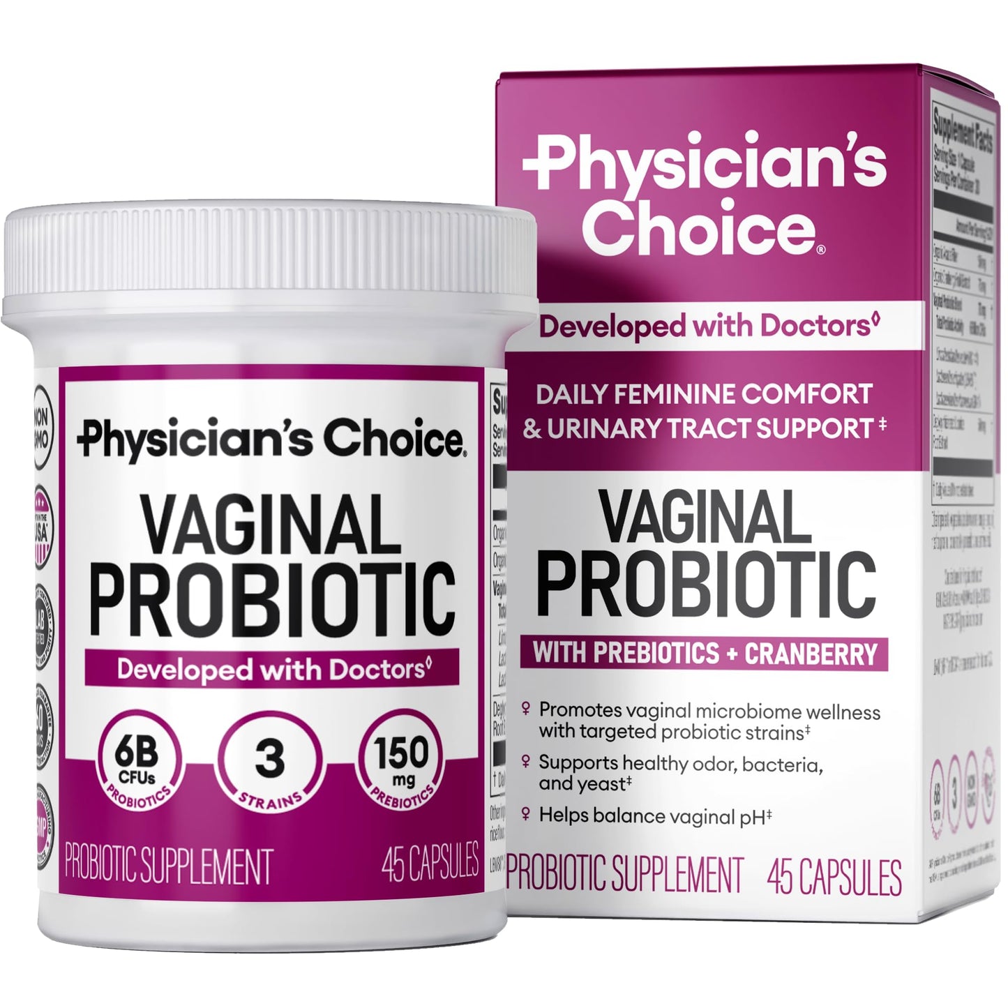 Physician's CHOICE Vaginal Probiotics for Women - pH Balance, Odor Control, Yeast Balance, Vaginal Flora & Feminine Health - 6B CFU with Organic Prebiotics and Cranberry Extract - 30 CT
