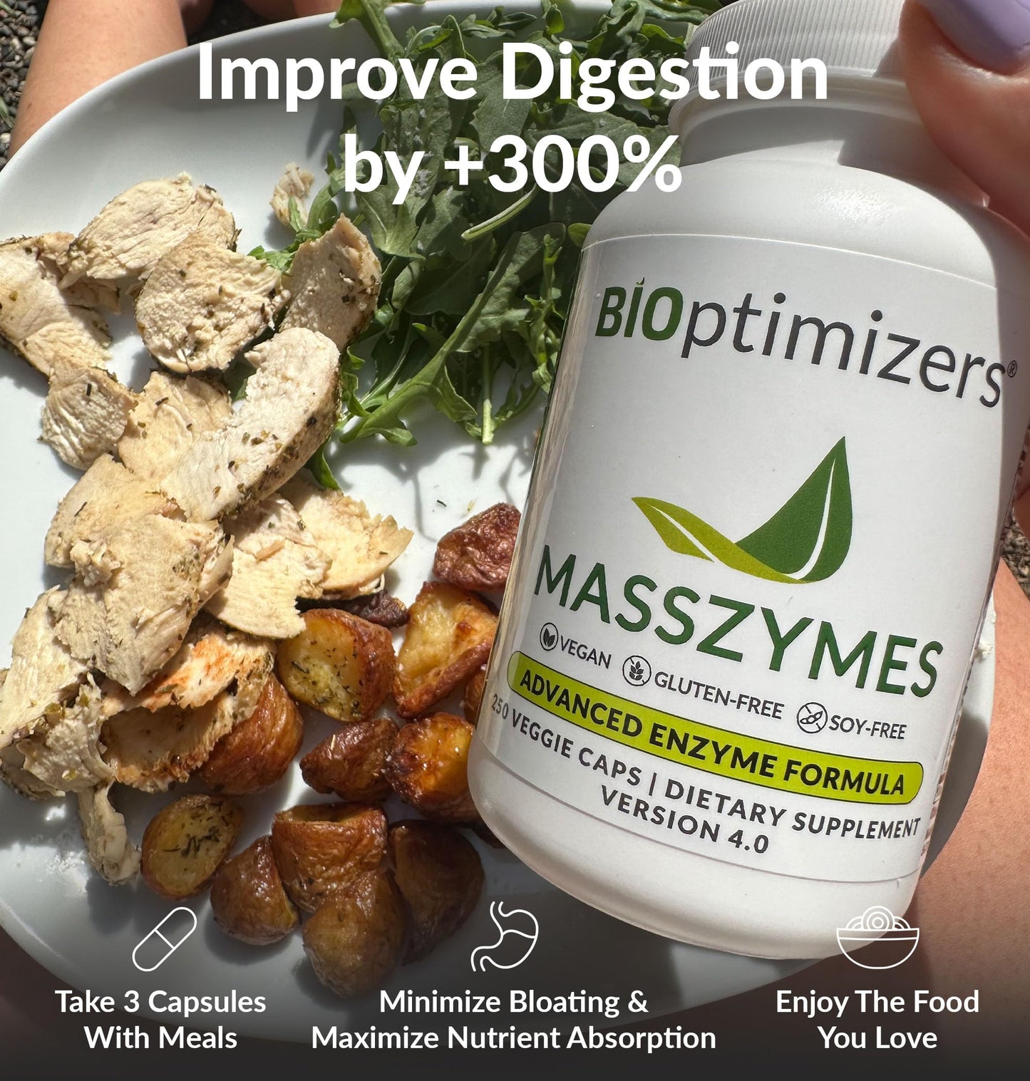 BiOptimizers MassZymes - Complete Digestive Enzymes Supplement for Gut Health - Bloating Relief for Men and Women - Lipase Amylase Bromelain Digestive Enzymes (250 Capsules) Nirvana Guru