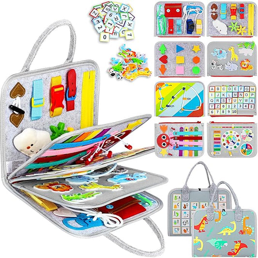 Esjay Toddler Busy Board Montessori Toys for Boys Girls, Sensory Board Educational Activities for Learning Fine Motor Skills, Birthday Gifts for Toddlers, Travel Toys for Airplane Car,Grey Dinosaur nirvanaguru