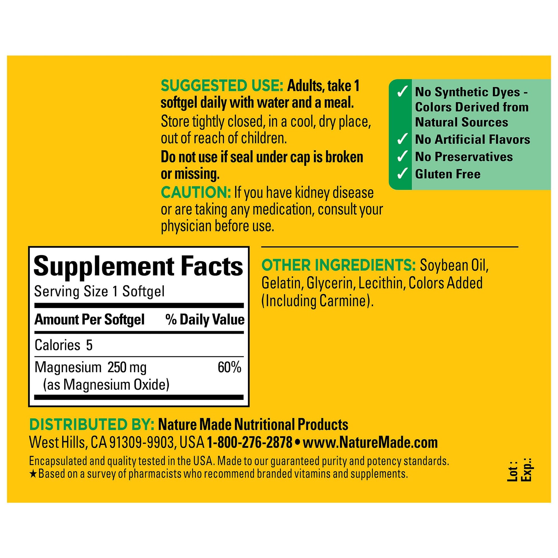 Nature Made Magnesium 250 mg, Magnesium Supplement for Muscle, Heart, Bone and Nerve Support, 90 Softgels, 90 Day Supply - Nirvana Guru