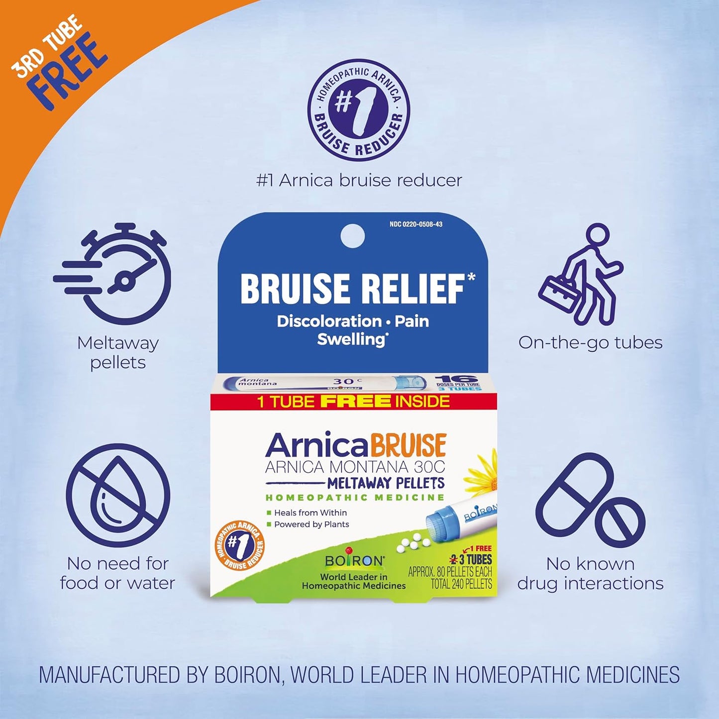 Boiron Arnica Bruise - Arnica Montana 30c for Relief of Pain, Swelling, and Discoloration from Bruises - 3 Count (240 Pellets) - Nirvana Guru