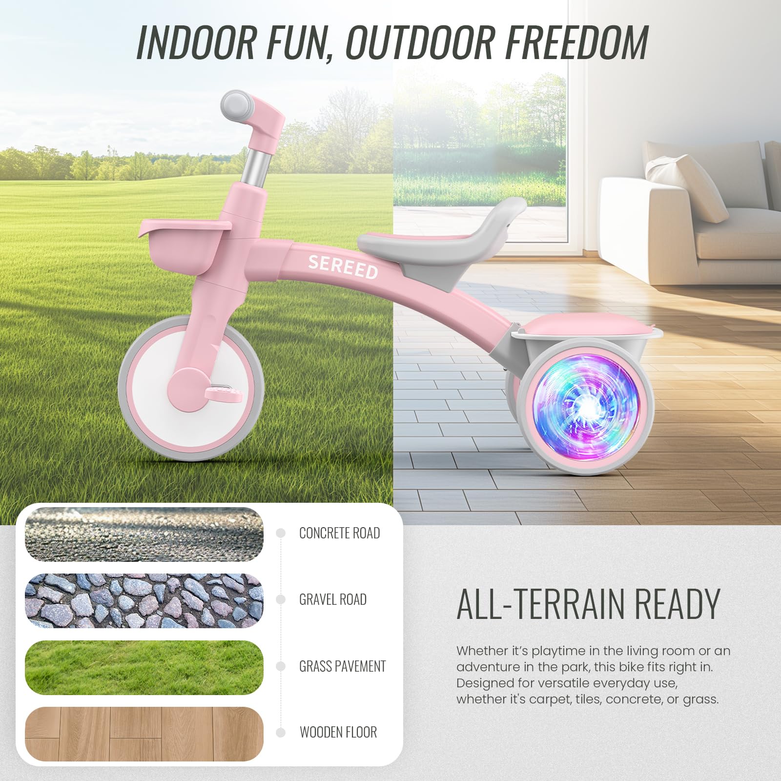 SEREED Colorful Lighting Toddler Tricycle for 2-5 Years Old Girls, Adjustable Seat&Handlebar Trike, Removable Basket, Birthday Gift Idea for Kids Ages 2+ (Pink) Nirvana Guru
