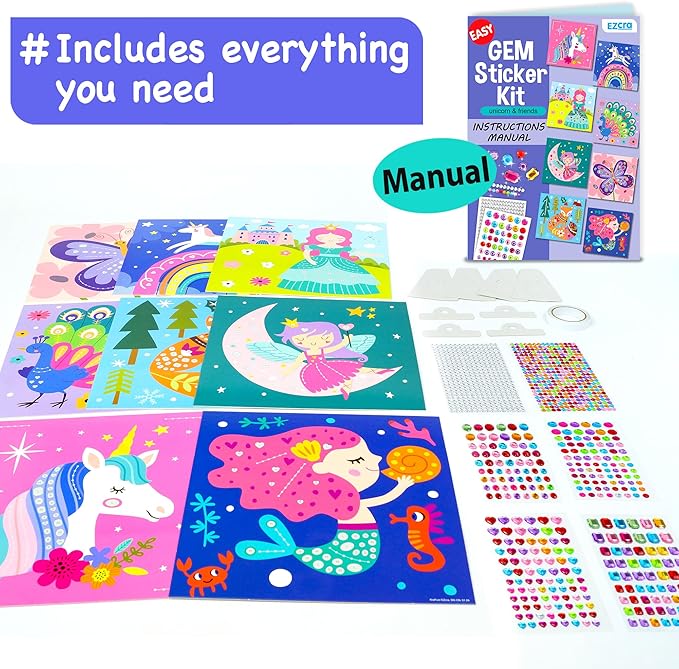 EZCRA Easy Arts and Crafts for Kids - Fun Gem Sticker Kit - 8 Unicorn Princess Themes, 990+ Stickers - Gem Art for Kids - Diamond Art Kits - Gifts for Girls Ages 3-8 nirvanaguru