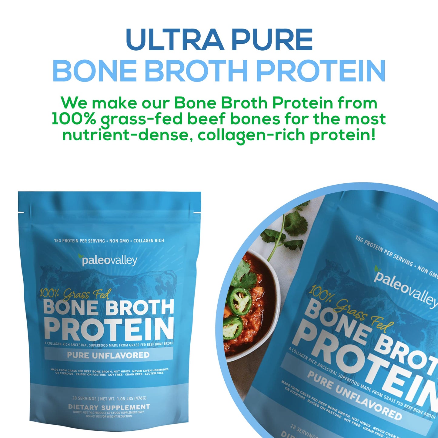 Paleovalley 100% Grass Fed Beef Bone Broth Protein Powder - Rich in Collagen Peptides for Hair, Skin, Gut Health, Bone and Joint Support - 28 Servings, 15g Protein Per Serving - No Gluten or GMOs - Nirvana Guru