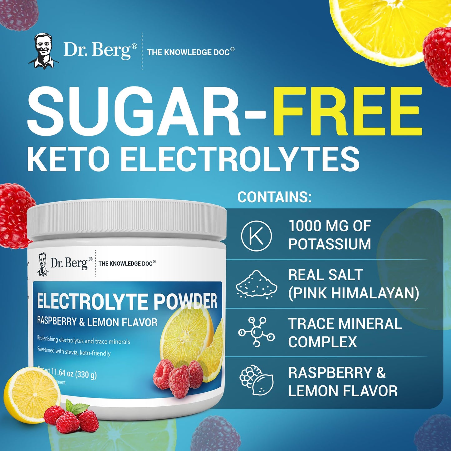 Dr. Berg Zero Sugar Hydration Keto Electrolyte Powder - Enhanced w/ 1000 mg of Potassium & Real Pink Himalayan Salt (NOT Table Salt) - Raspberry & Lemon Flavor Hydration Drink Supplement, 100 Servings Nirvana Guru