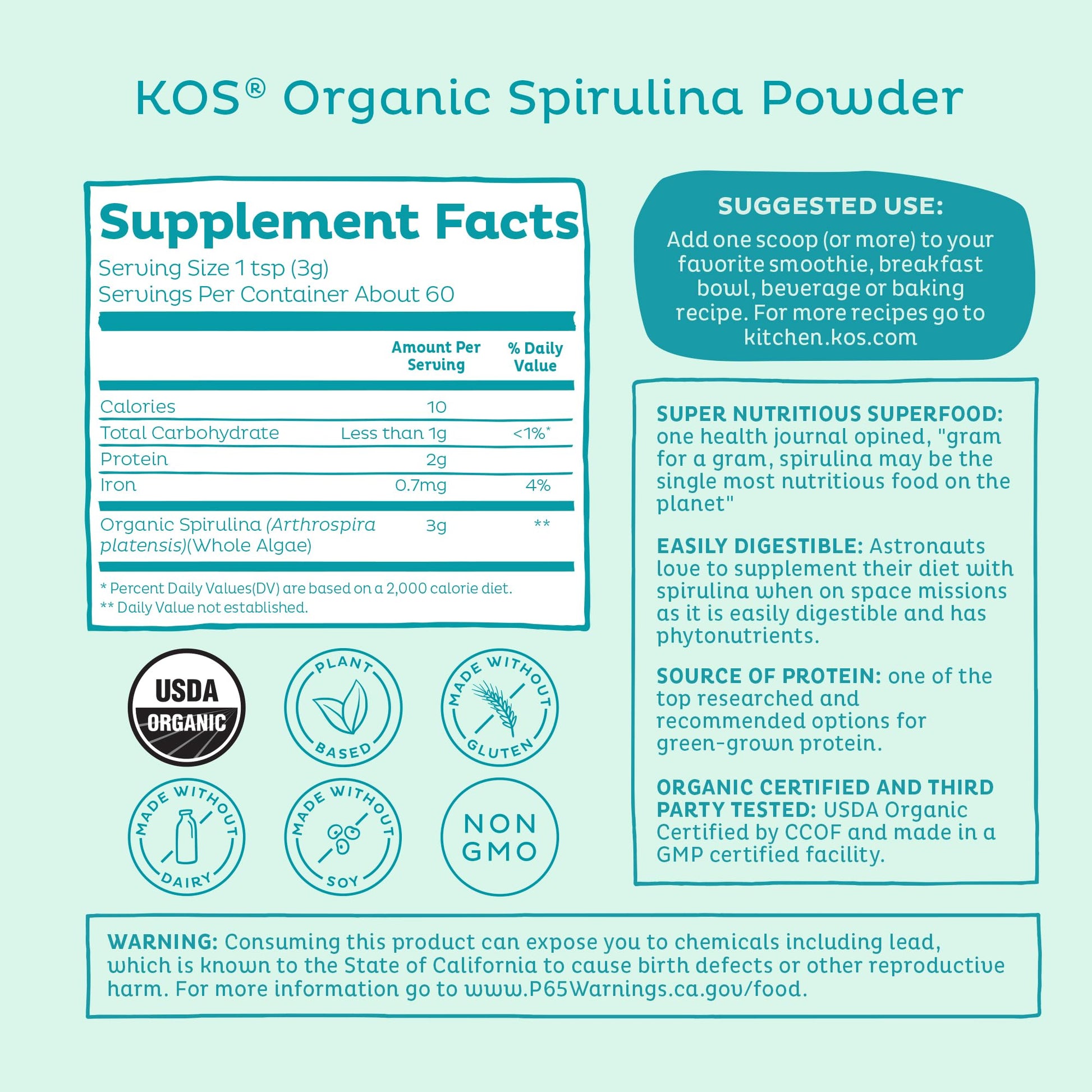 KOS Calming Blue Spirulina Blend- USDA Certified Organic - Algae Superfood Powder with Ashwagandha Root, Lemon Balm, Reishi Mushroom, B Vitamins - Berry Coconut Cooler Flavor, 28 Servings - Nirvana Guru