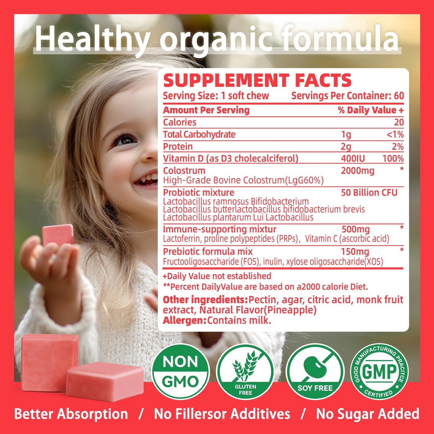 Bovine Colostrum Chews Supplement with probiotics for Gut Health, Bloating, Immune Support, Skin, Hair Growth and Beauty - Strawberry Flavor (60 Servings) Nirvana Guru