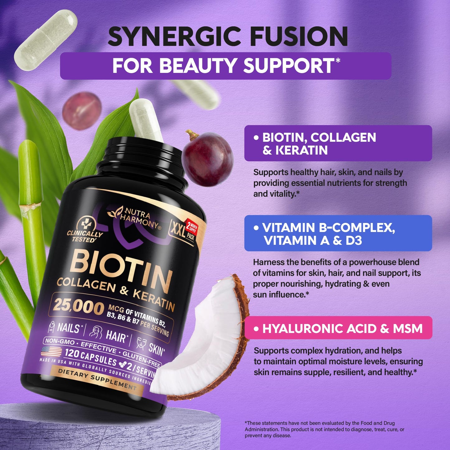 Biotin | Collagen | Keratin - Clinically Tested Supplement - Hair Growth Support, Skin & Nails - 25000 mcg Vitamins B2, B3, B6 & B7 + B1 & Hyaluronic Acid - Made in USA - Women & Men | 60 Capsules