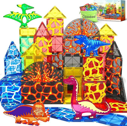 Dinosaur Toys Magnetic Tiles Lava Dinosaur World Set - Magnetic Blocks Building for Kids 3-5 5-7 Girls Boys Toy Age 4-6 6-8, Classroom Must Haves Toddler Sensory for 3+ Year Old Kids Toys Nirvana Guru