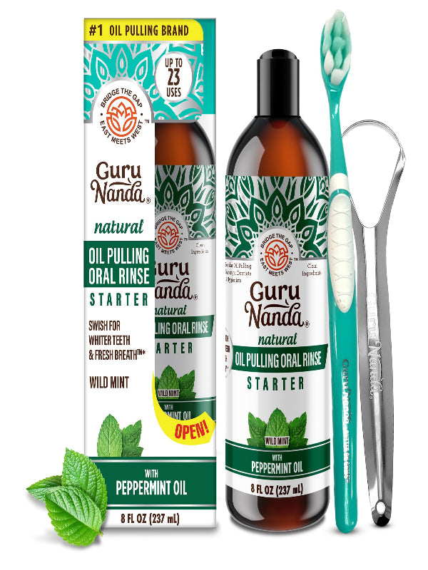 GuruNanda Starter Pulling Oil Mouthwash for Natural Teeth Whitening, Coconut and Peppermint Oil for Fresh Breath & Happy Gums, Alcohol-Free, 8 Oz Nirvana Guru