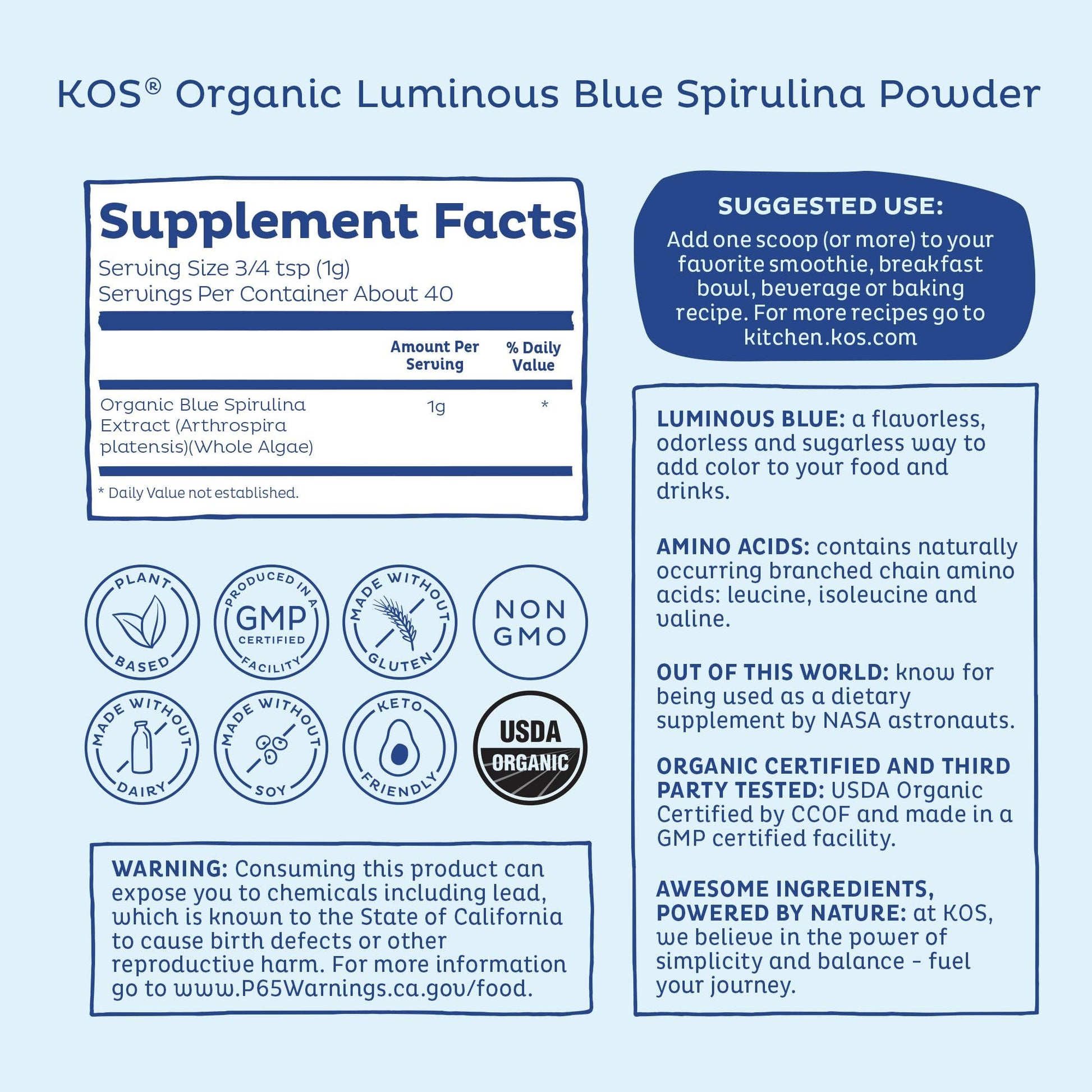 KOS Calming Blue Spirulina Blend- USDA Certified Organic - Algae Superfood Powder with Ashwagandha Root, Lemon Balm, Reishi Mushroom, B Vitamins - Berry Coconut Cooler Flavor, 28 Servings - Nirvana Guru