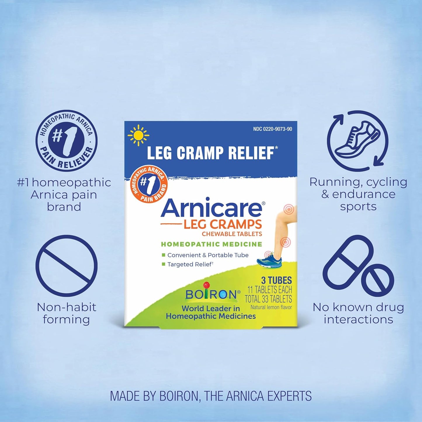 Boiron Arnicare Leg Cramps for Day and Night Relief from Cramping and Stiffness in Feet or Calves - 33 Tablets - Nirvana Guru