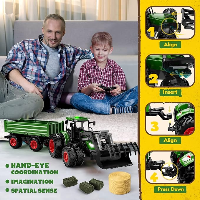 Remote Control Tractor Toy, Kids RC Tractor Set & Truck and Trailer Front Loader - Metal Car Head/8 Wheel/Light, Toddlers Farm Vehicle Toys for 3 4 5 6 7 8 9 Year Old Boys Girls Birthday Gift Nirvana Guru