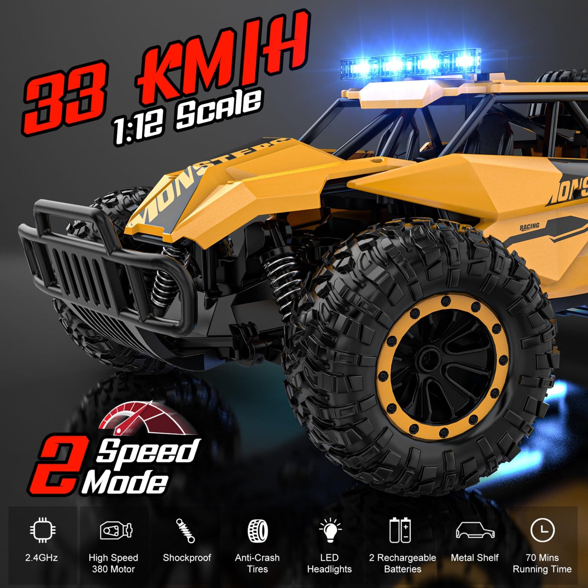 BLUEJAY Remote Control Car, 2.4GHz High Speed 33KM/H RC Cars Toys, 1:12 Monster RC Truck Off Road with LED Headlight and Rechargeable Battery Gifts for Adults Boys 8-12 Nirvana Guru