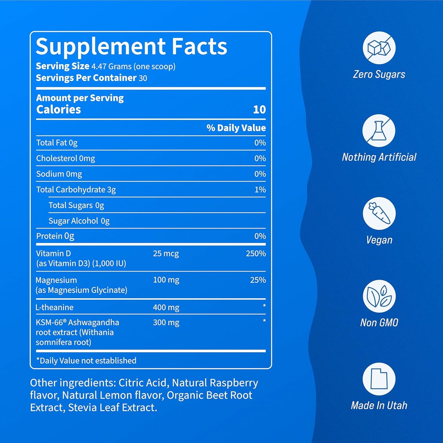 Supercalm Powdered Drink Mix, Raspberry Lemonade, L Theanine, Ksm-66 Ashwagandha, Magnesium Glycinate, Vitamin D 3, Supplements for Relaxation & Focus, No Sugar, Non GMO, On The Go, 20 Ct