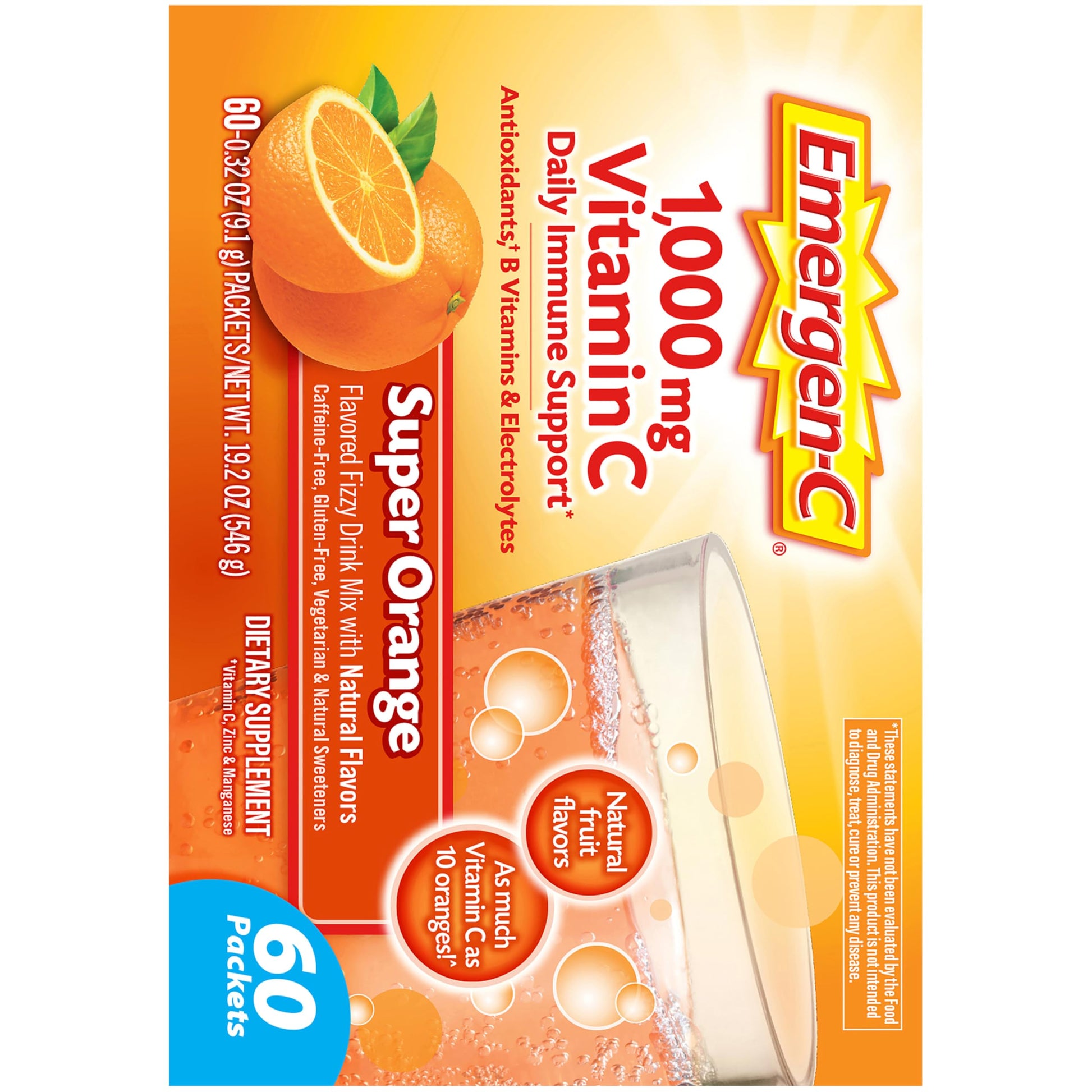 Emergen-C 1000mg Vitamin C Powder for Daily Immune Support Caffeine Free Vitamin C Supplements with Zinc and Manganese, B Vitamins and Electrolytes, Super Orange Flavor - 60 Count/2 Month Supply Nirvana Guru
