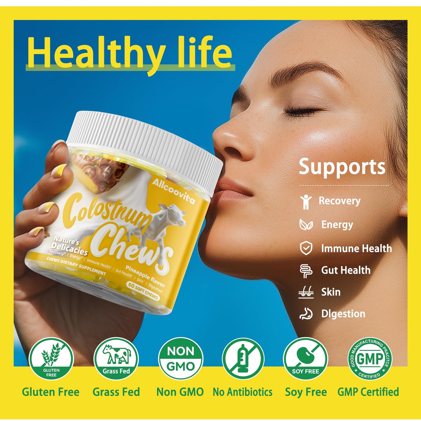 Bovine Colostrum Chews Supplement with probiotics for Gut Health, Bloating, Immune Support, Skin, Hair Growth and Beauty - Strawberry Flavor (60 Servings) Nirvana Guru