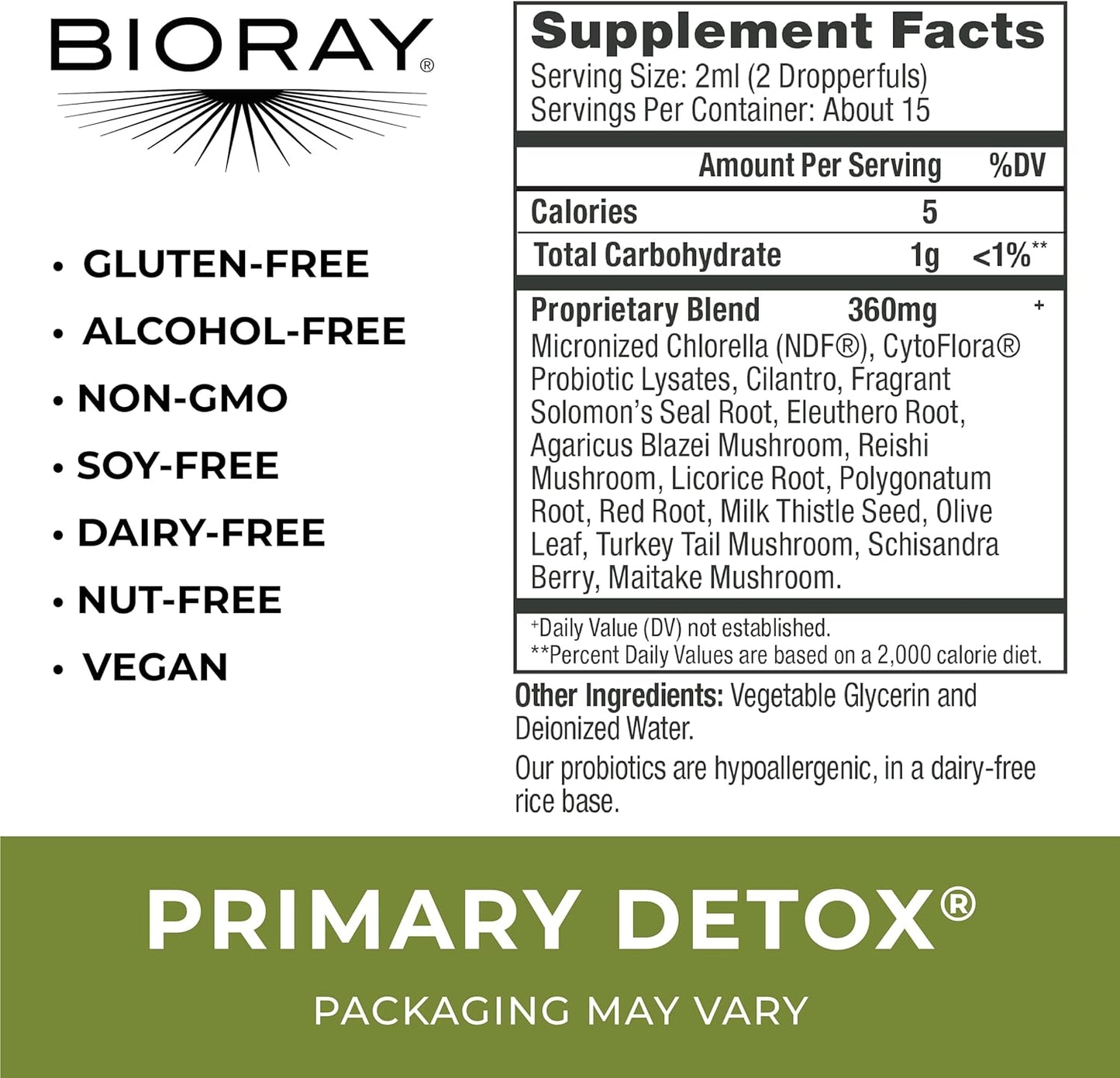 BIORAY Daily Primary Detox - 2 fl oz - with Medicinal Mushrooms & Micronized Chlorella - Organic, Non-GMO, Vegetarian, Gluten Free - Approx. 15 Servings Nirvana Guru