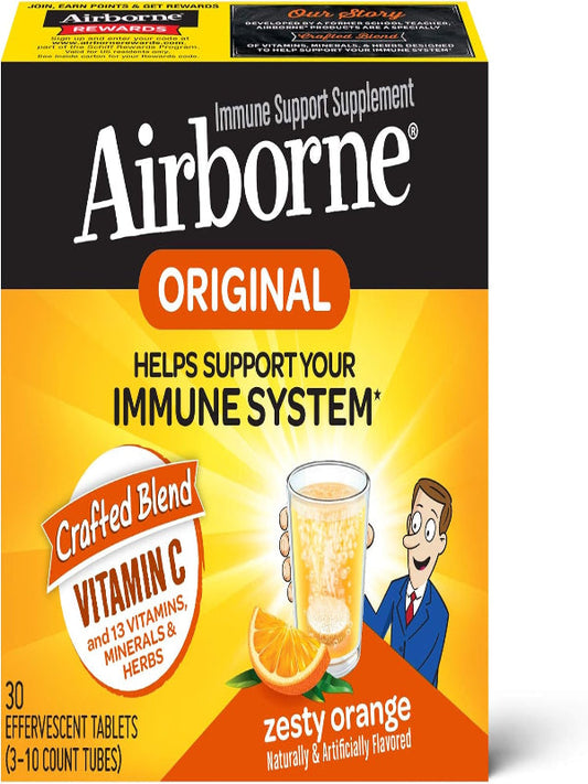 Airborne Zesty Orange Effervescent Tablets,1000mg of Vitamin C - Immune Support Supplement 30ea Nirvana Guru
